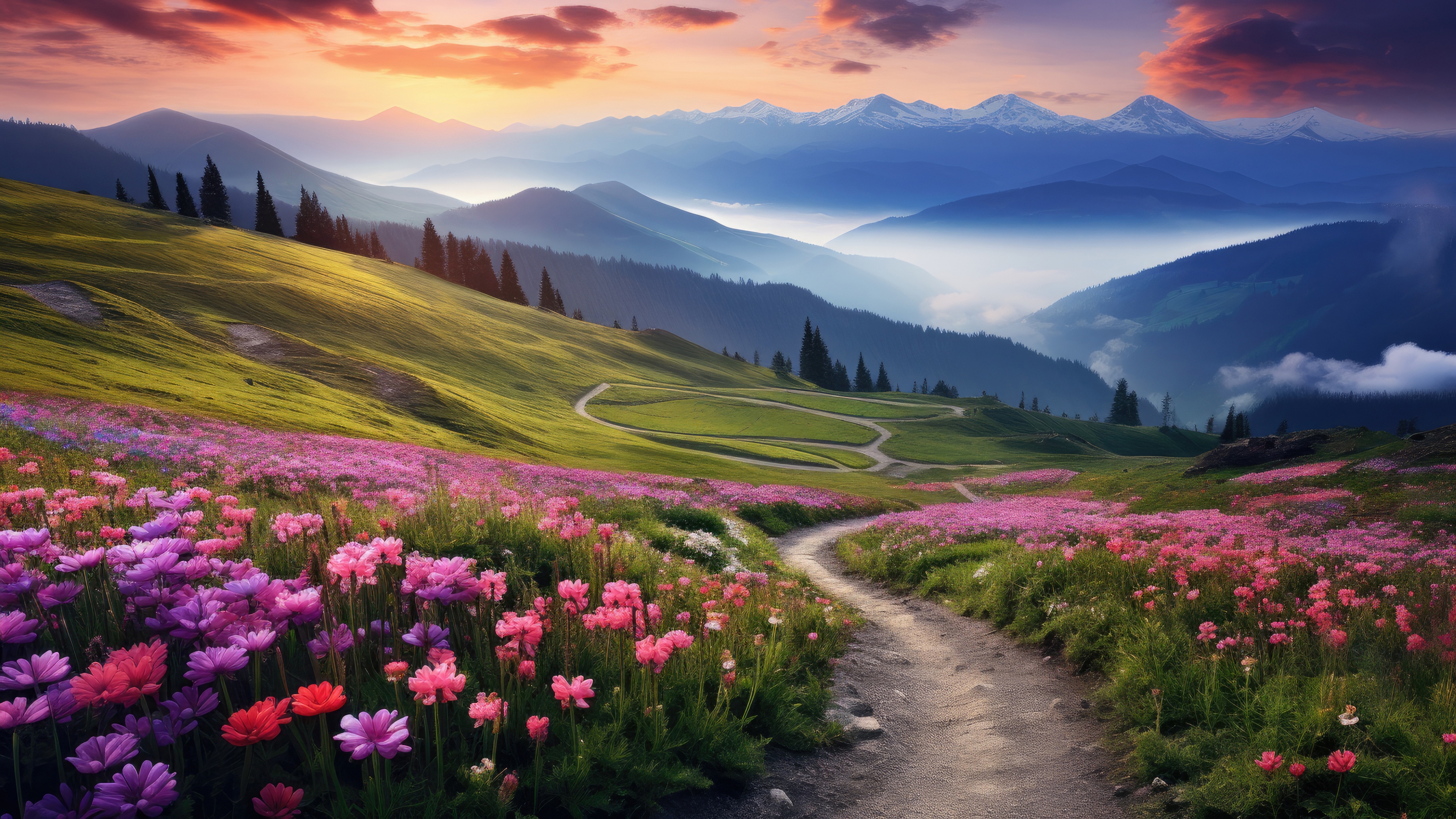 A scenic view of a wildflower meadow and winding path leading toward misty mountains during a sunset.