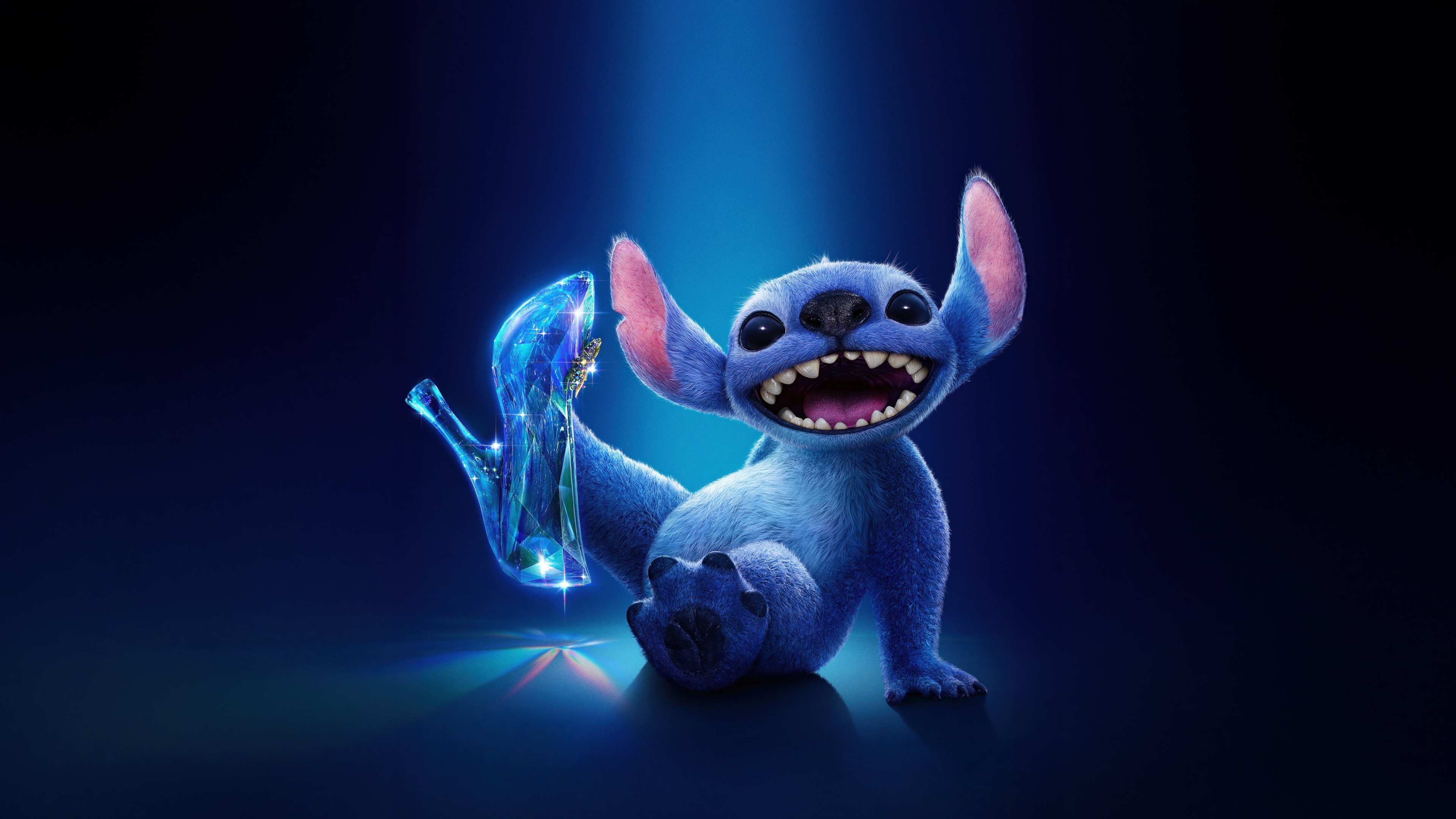 Stitch from Lilo & Stitch and Cinderella from Disney's animation standing together against a blue background.