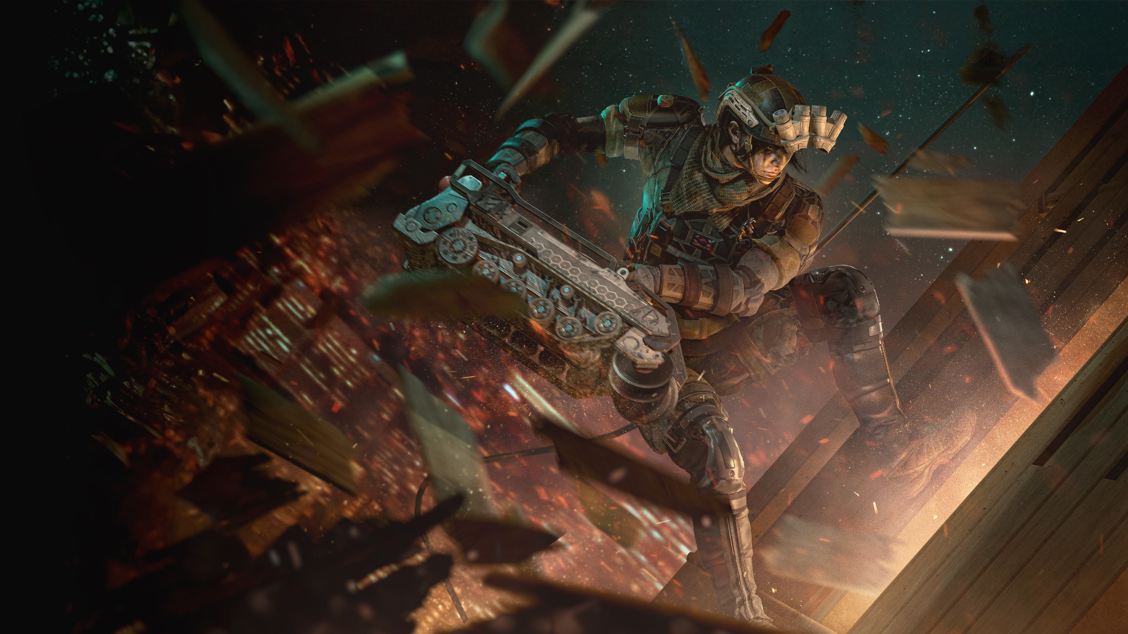 A detailed tactical operator from the video game Tom Clancy's Rainbow Six Siege equipped with modern combat gear.