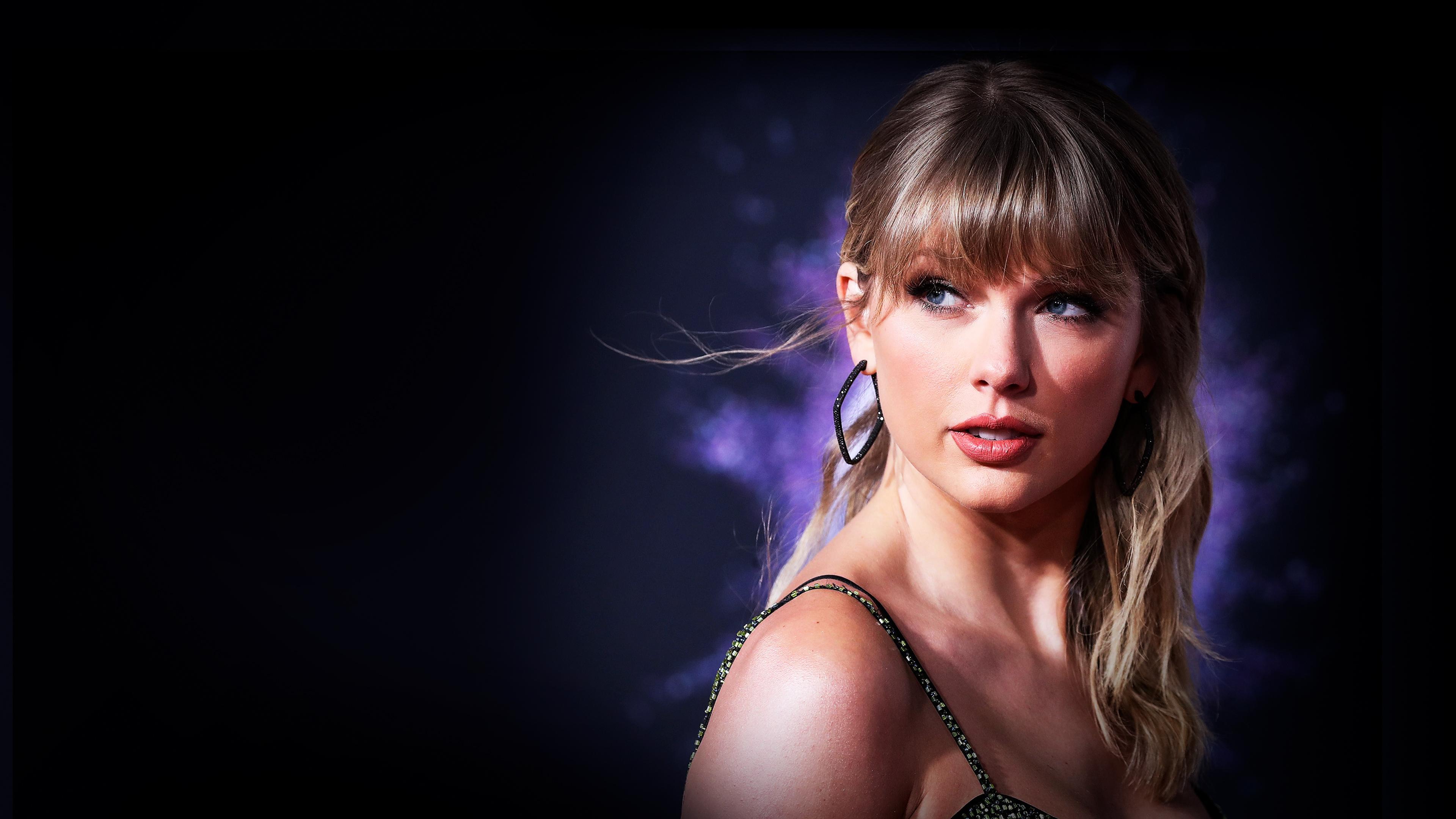 A cinematic, dark-themed portrait of Taylor Swift with dramatic lighting and a moody atmosphere.
