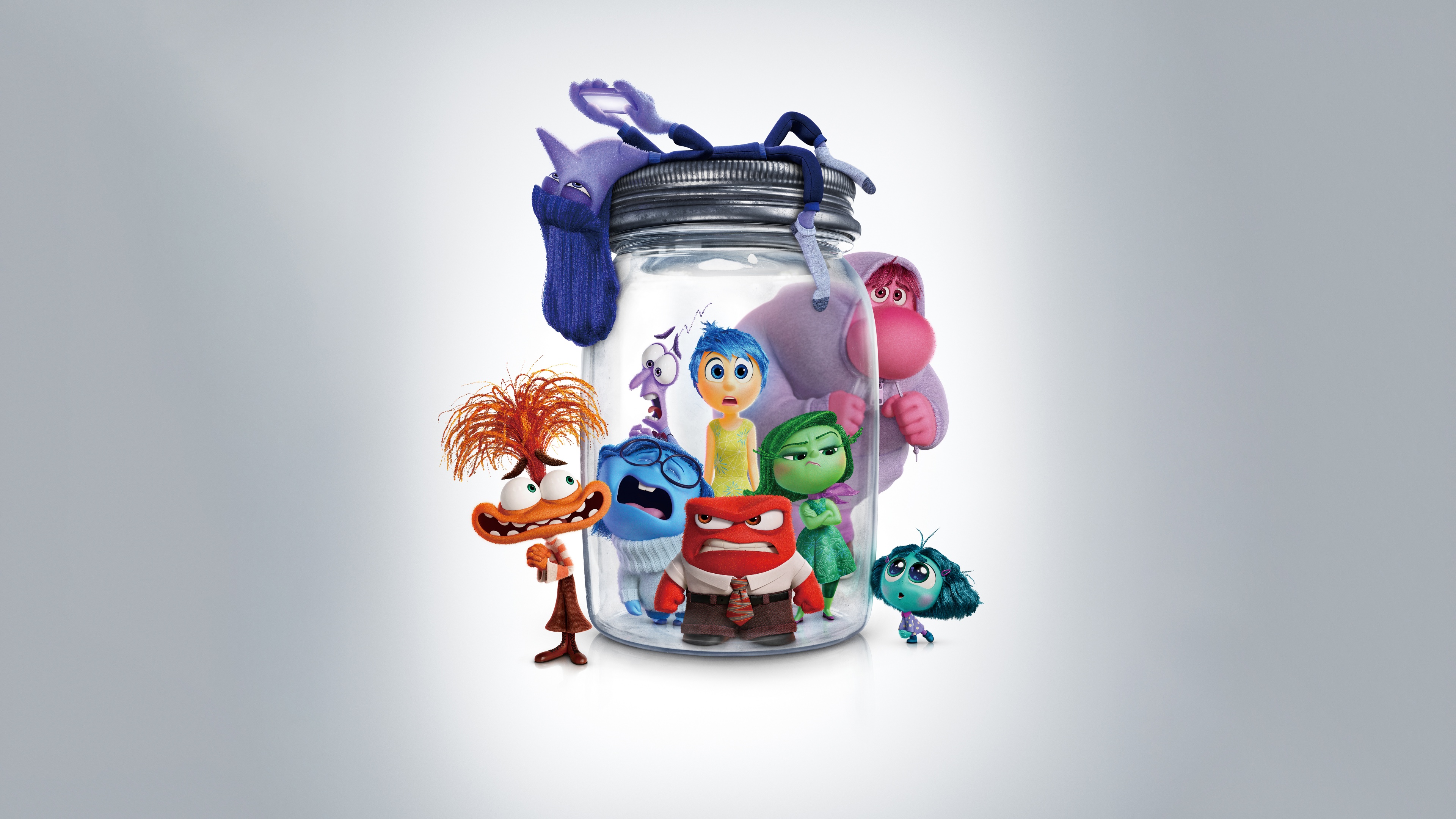 A group portrait of the characters Joy, Sadness, Anger, Fear, Disgust, Anxiety, Embarrassment, and Envy from the Pixar movie Inside Out 2.