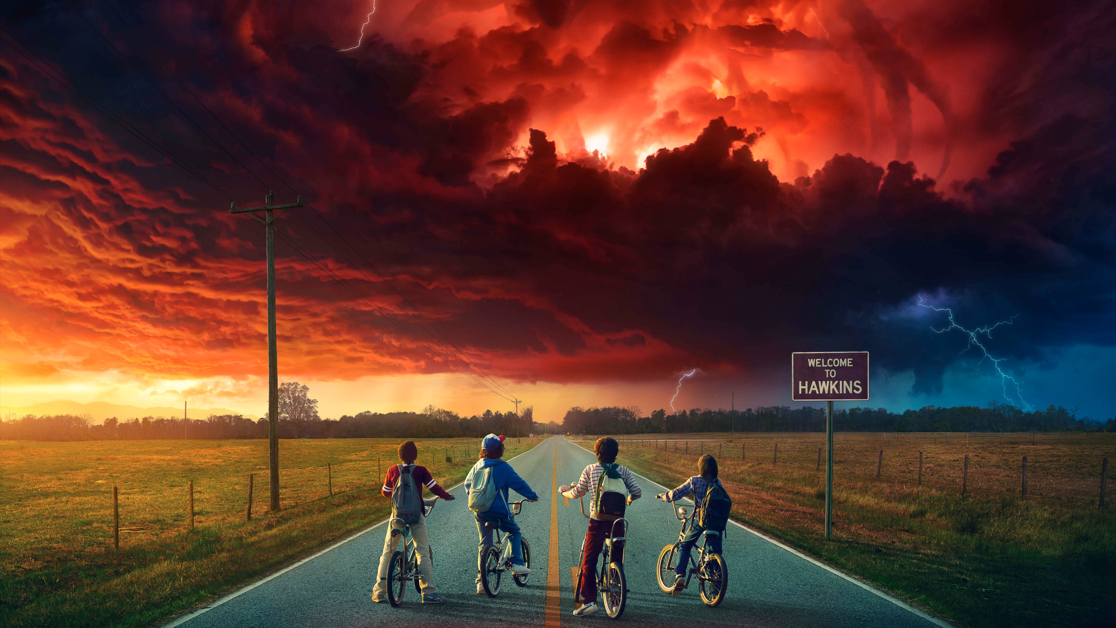A cinematic depiction of a character inspired by Eleven from Stranger Things riding a bicycle in a moody, 1980s setting.