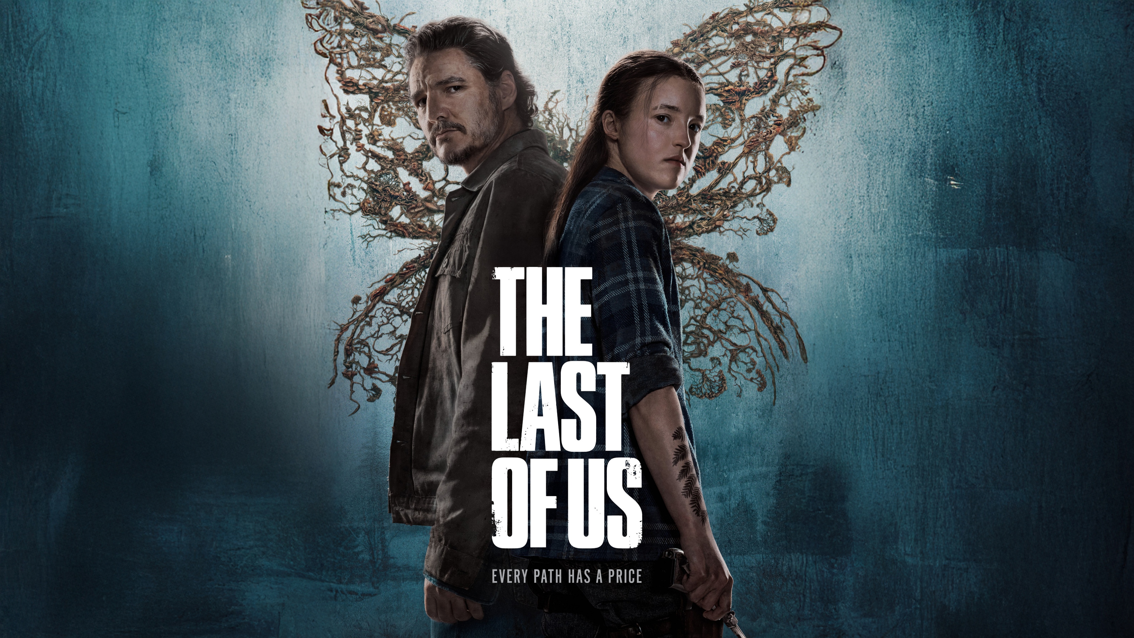 Cinematic movie poster featuring Joel Miller (Pedro Pascal) and Ellie Williams (Bella Ramsey) from The Last of Us.