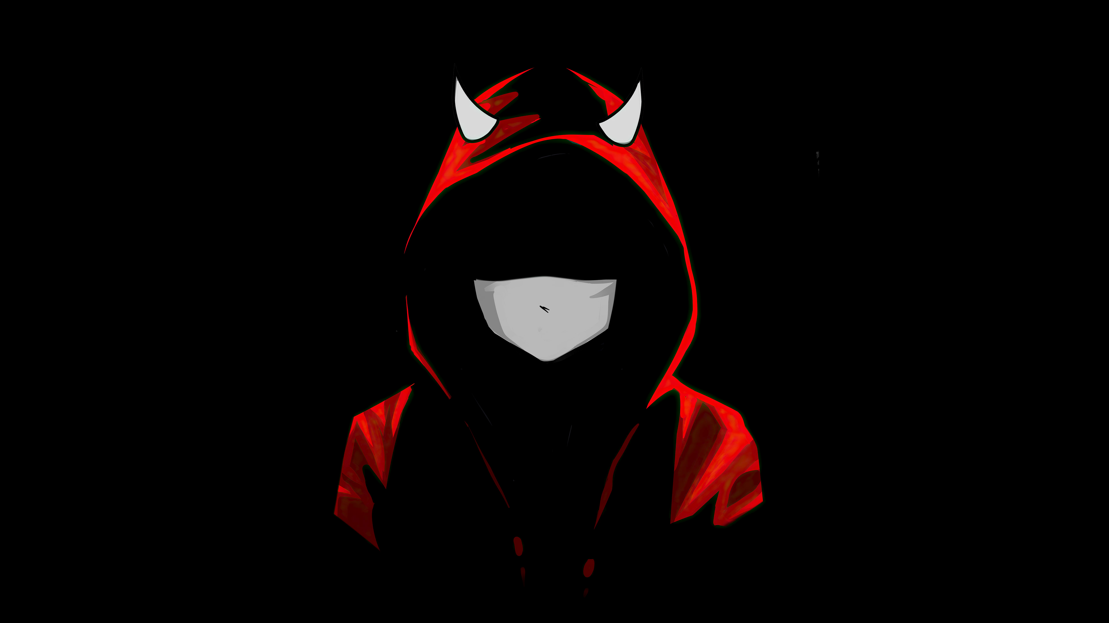 A dark, hooded man wearing a demonic mask against a pure black background.