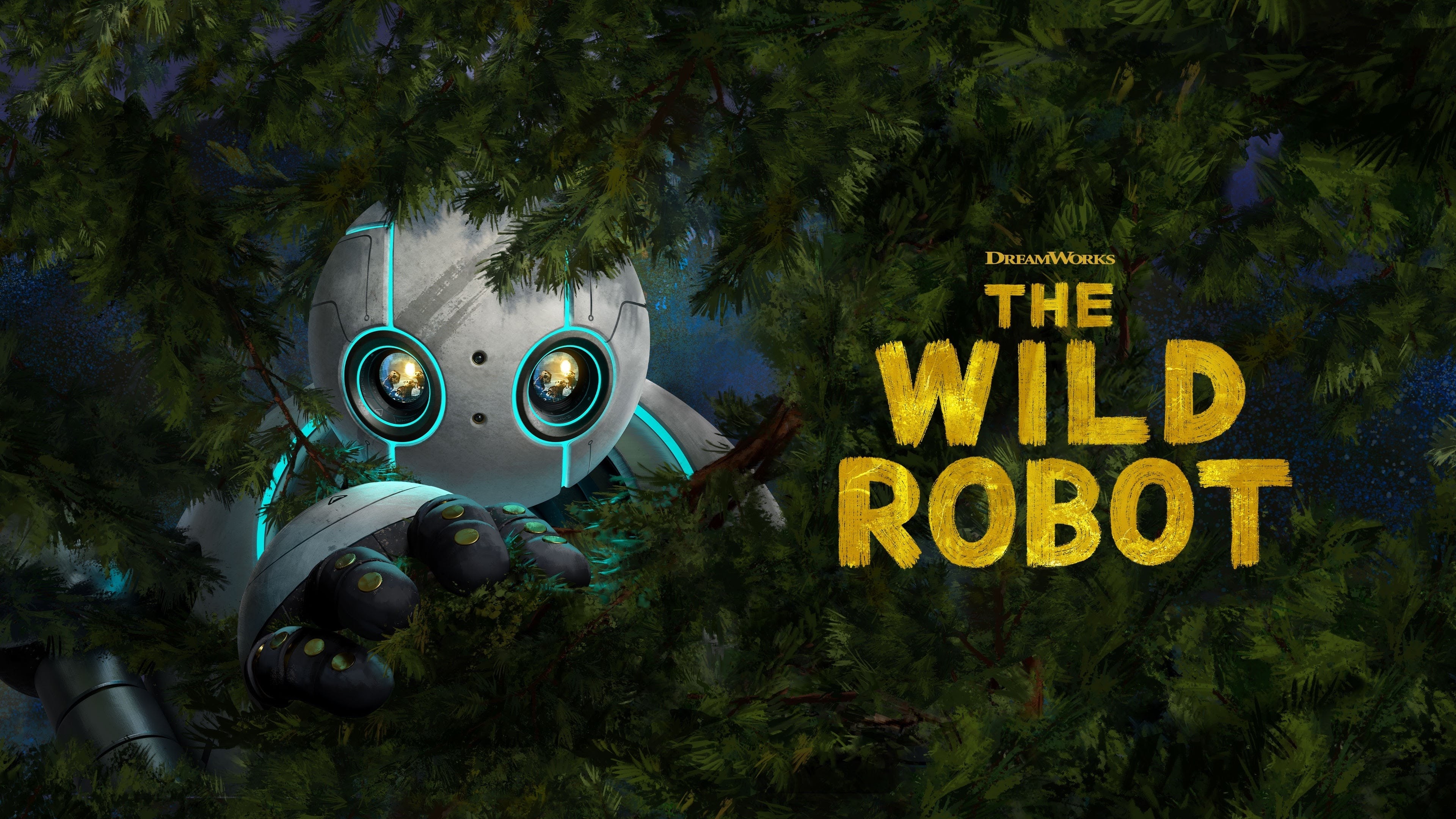 An animated movie poster for The Wild Robot featuring the character Roz in a lush, vibrant forest environment.