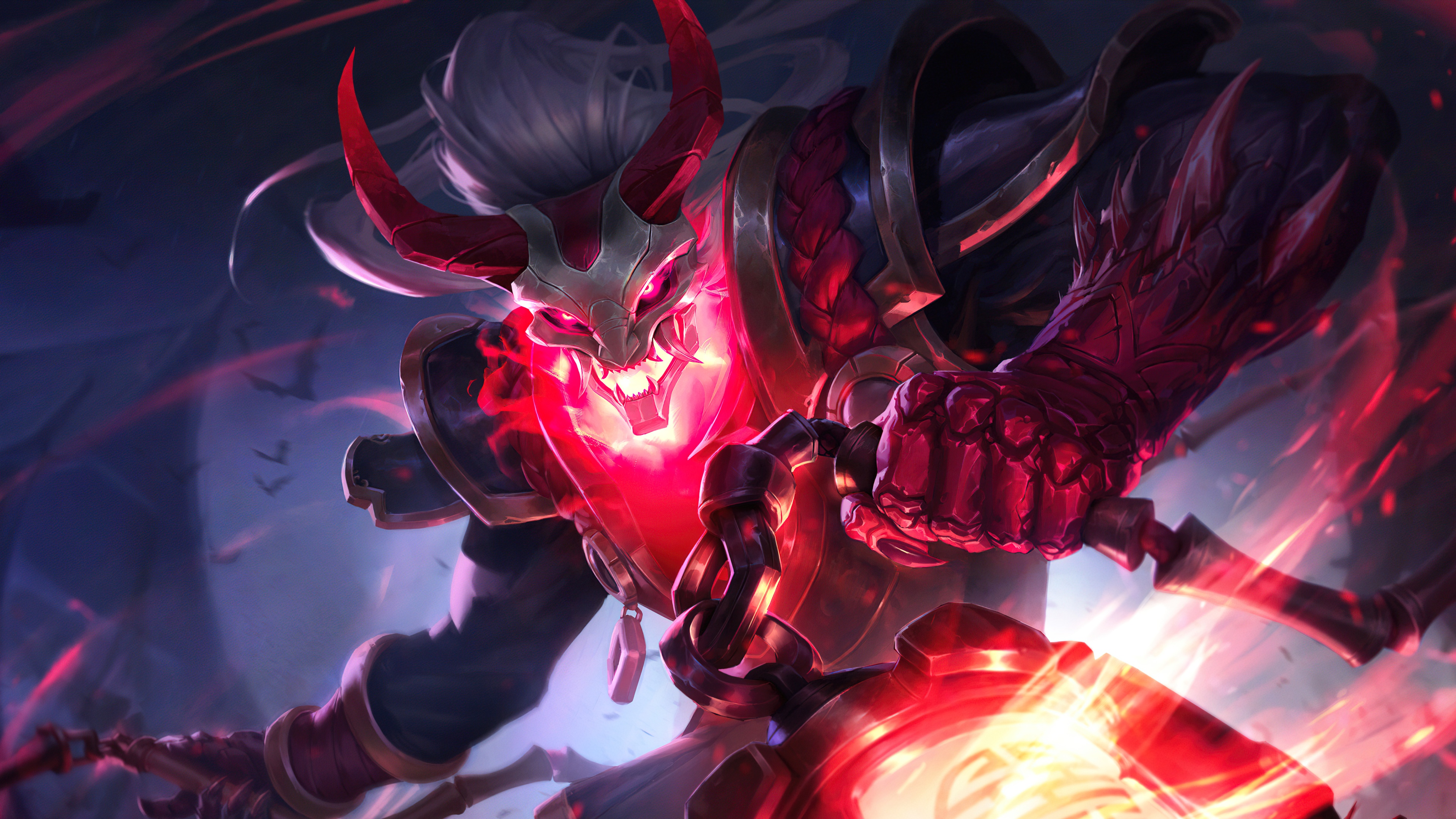 Thresh from League of Legends wielding his iconic scythe and lantern in a dark, atmospheric setting.