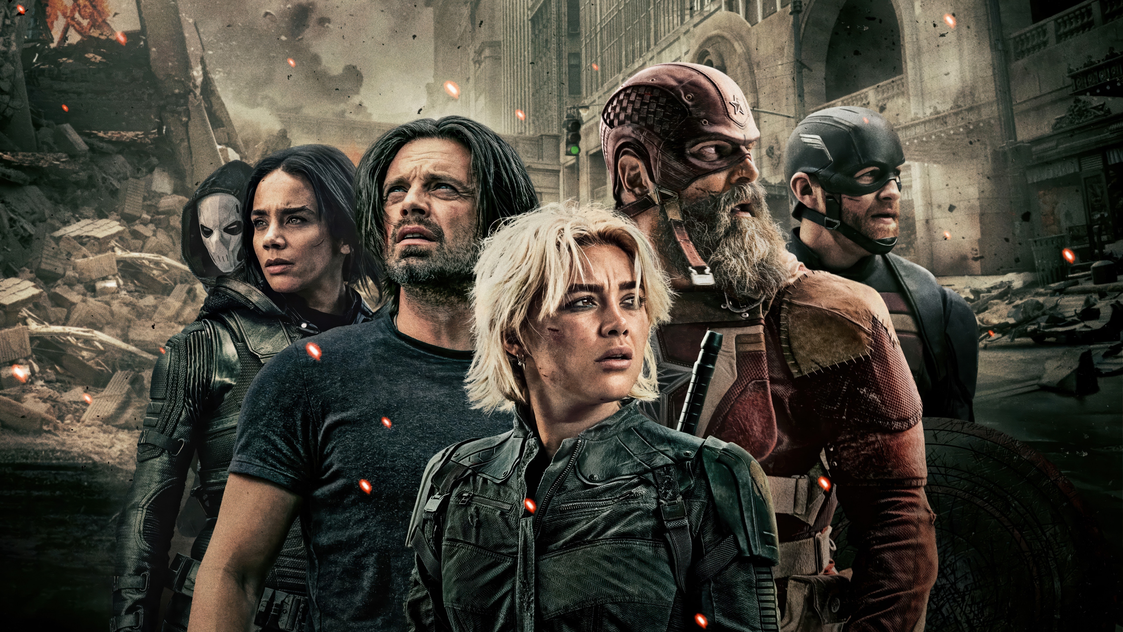 An action-packed ensemble poster of Marvel's Thunderbolts characters, including Yelena Belova and Bucky Barnes, from the Marvel Cinematic Universe.