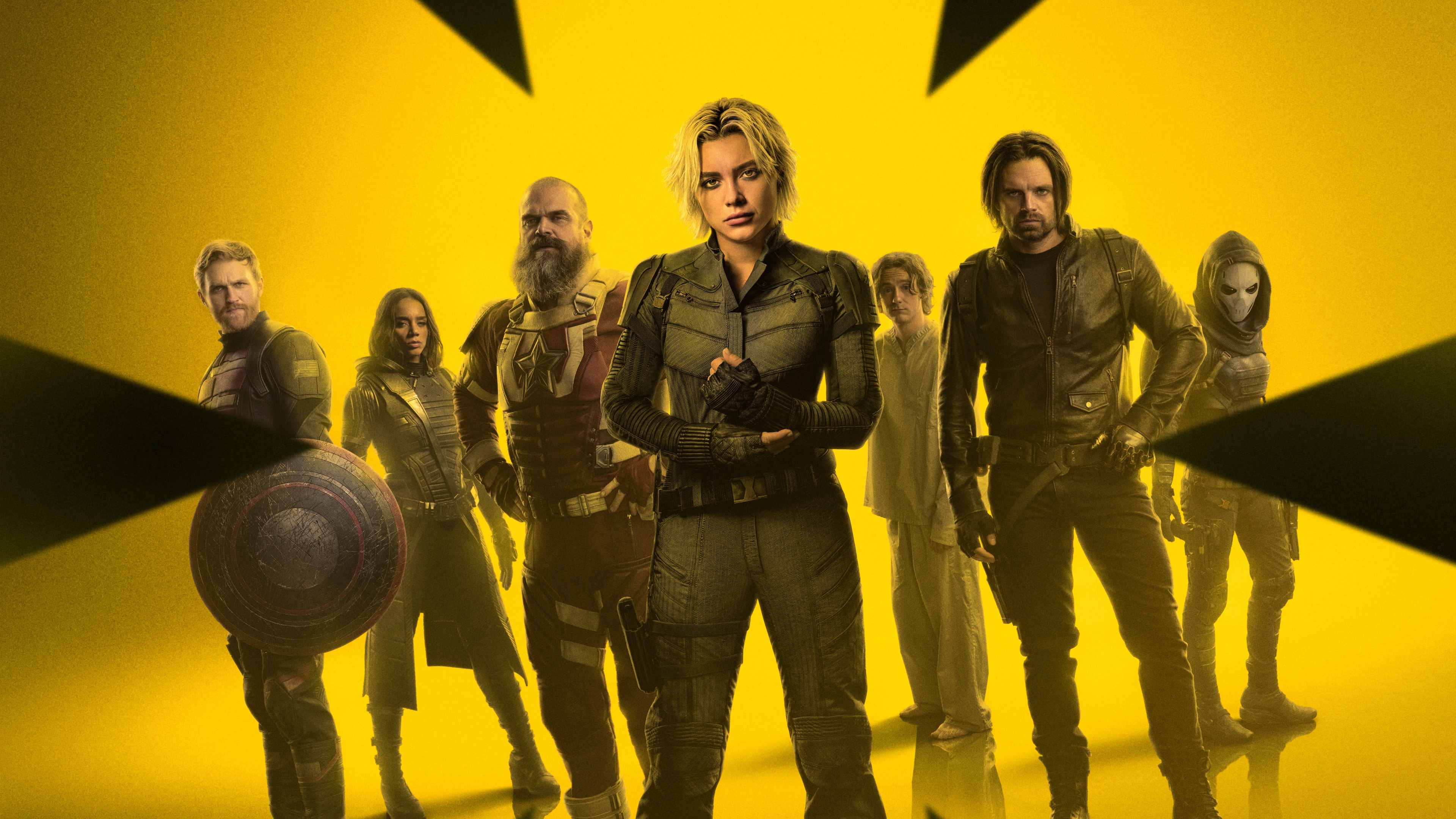 Cinematic movie poster for Marvel's Thunderbolts featuring Yelena Belova, Bucky Barnes, and the superhero ensemble.