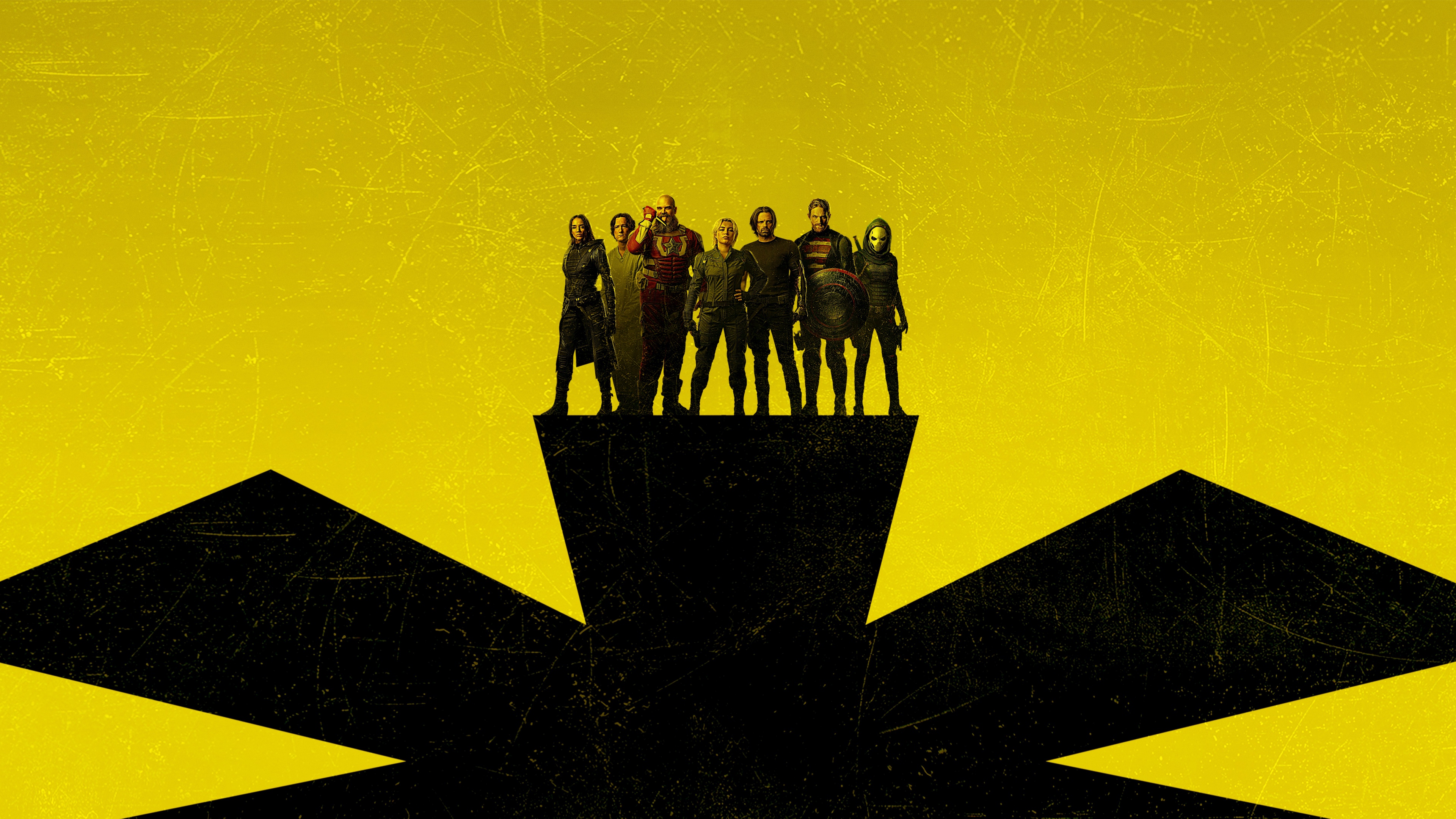 Movie poster for Marvel's Thunderbolts featuring Yelena Belova, Bucky Barnes, Red Guardian, and Taskmaster on a vibrant yellow background.