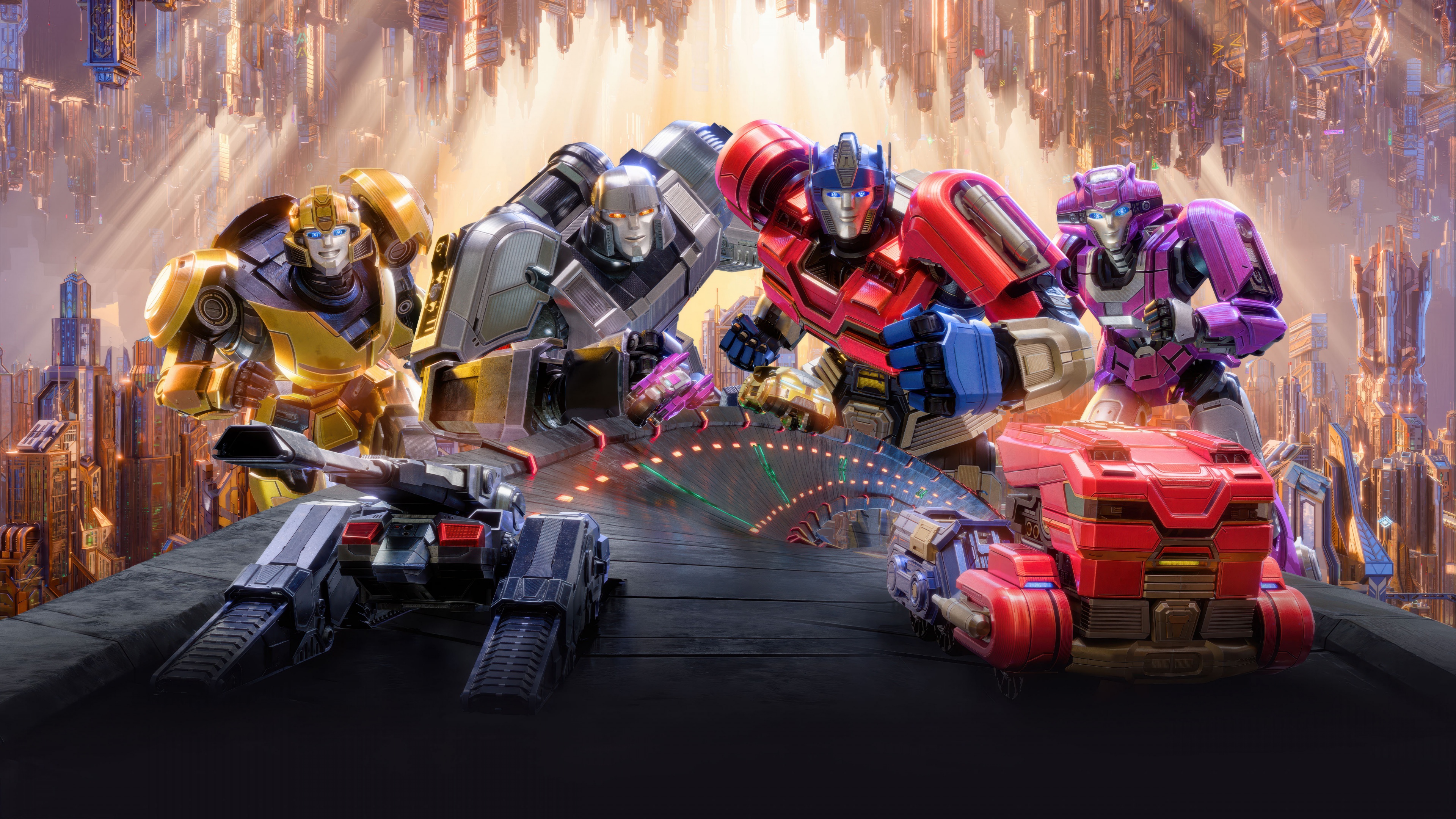 Cinematic movie poster for Transformers One featuring Orion Pax, B-127, Elita One, and D-16.