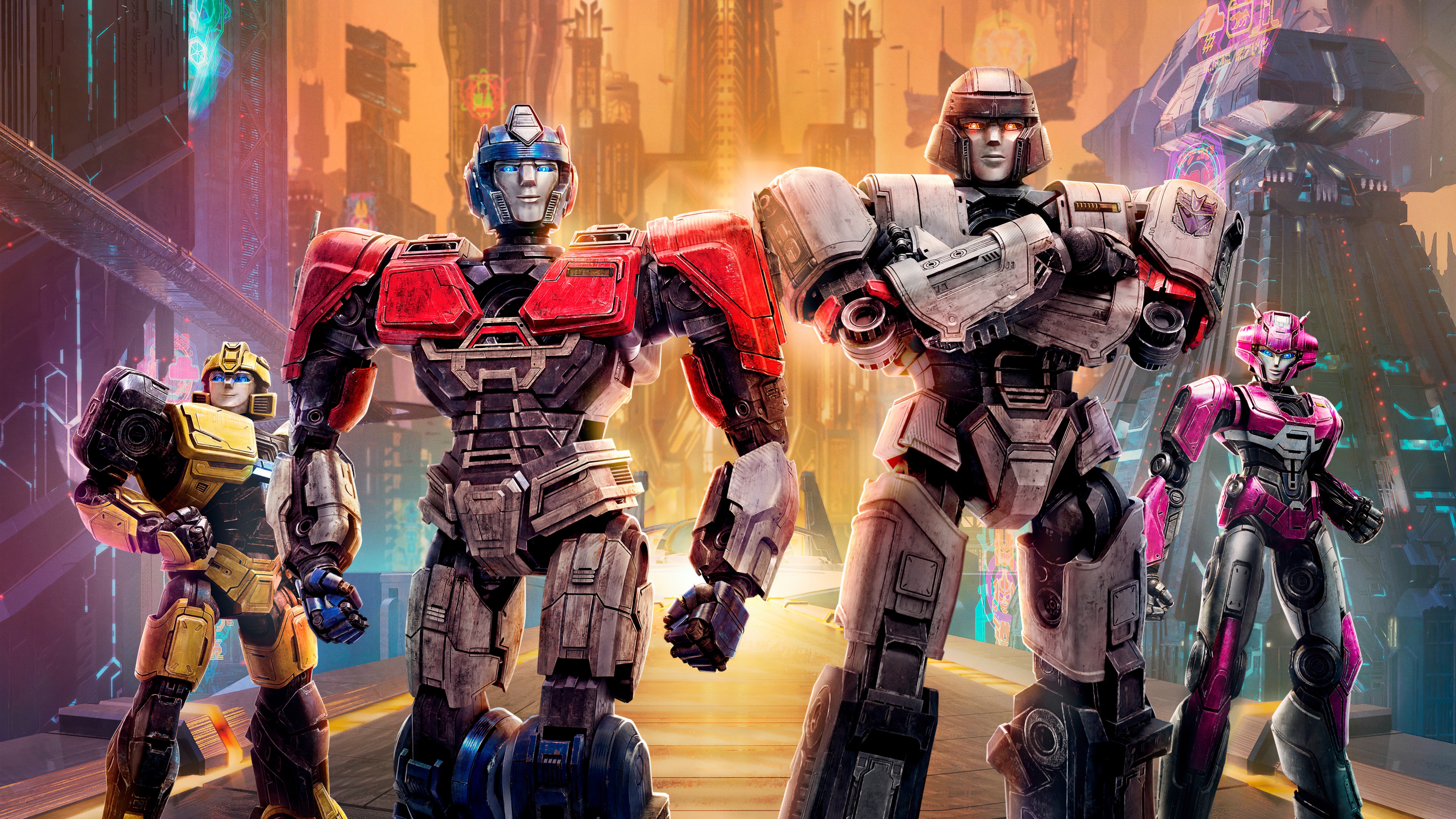 A high-definition cinematic rendering of Orion Pax, B-127, Elita One, and D-16 from the film Transformers One.