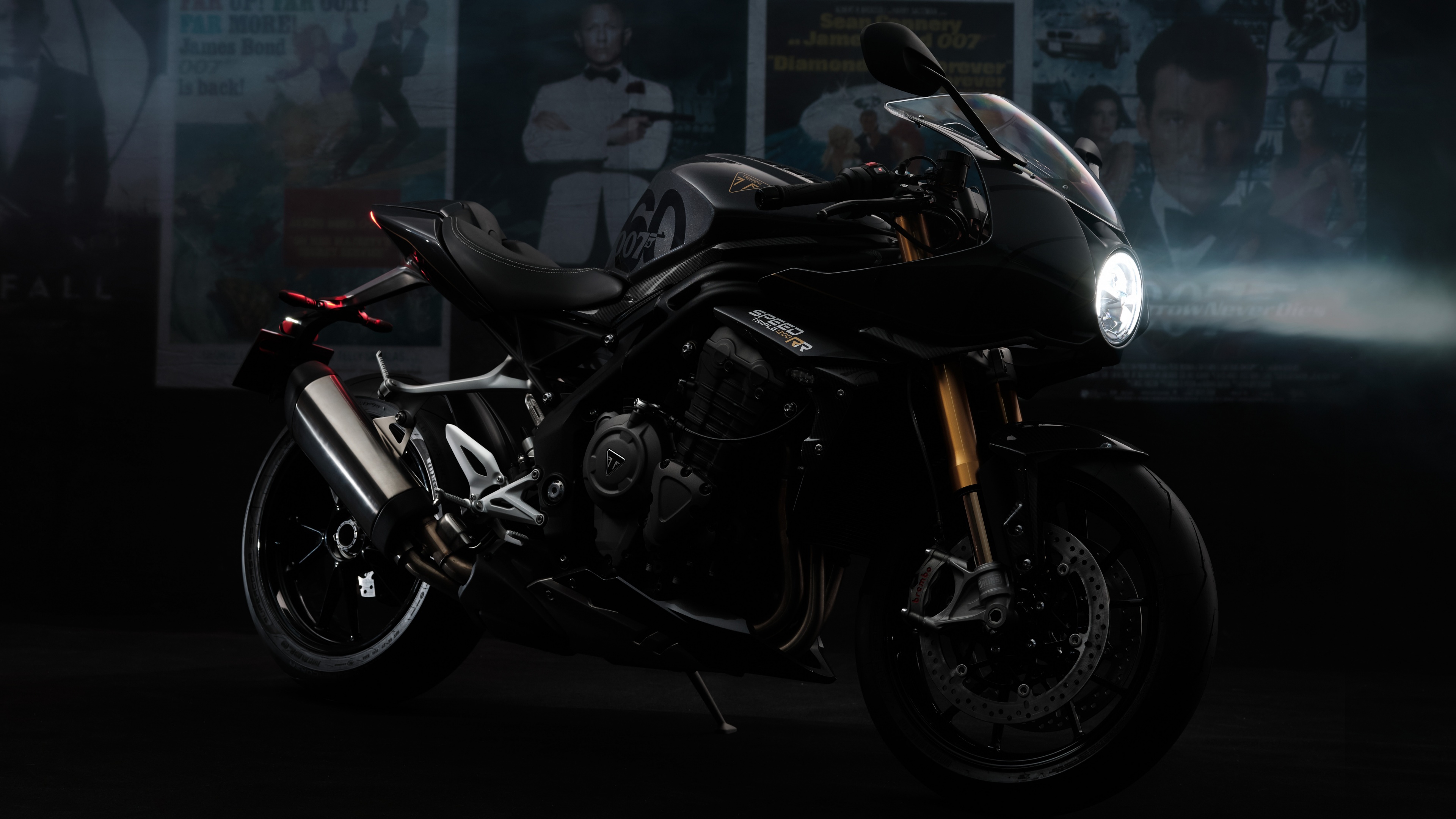 A high-resolution, cinematic view of the Triumph Speed Triple 1200 RR Bond Edition motorcycle, featuring a design inspired by James Bond from 007.
