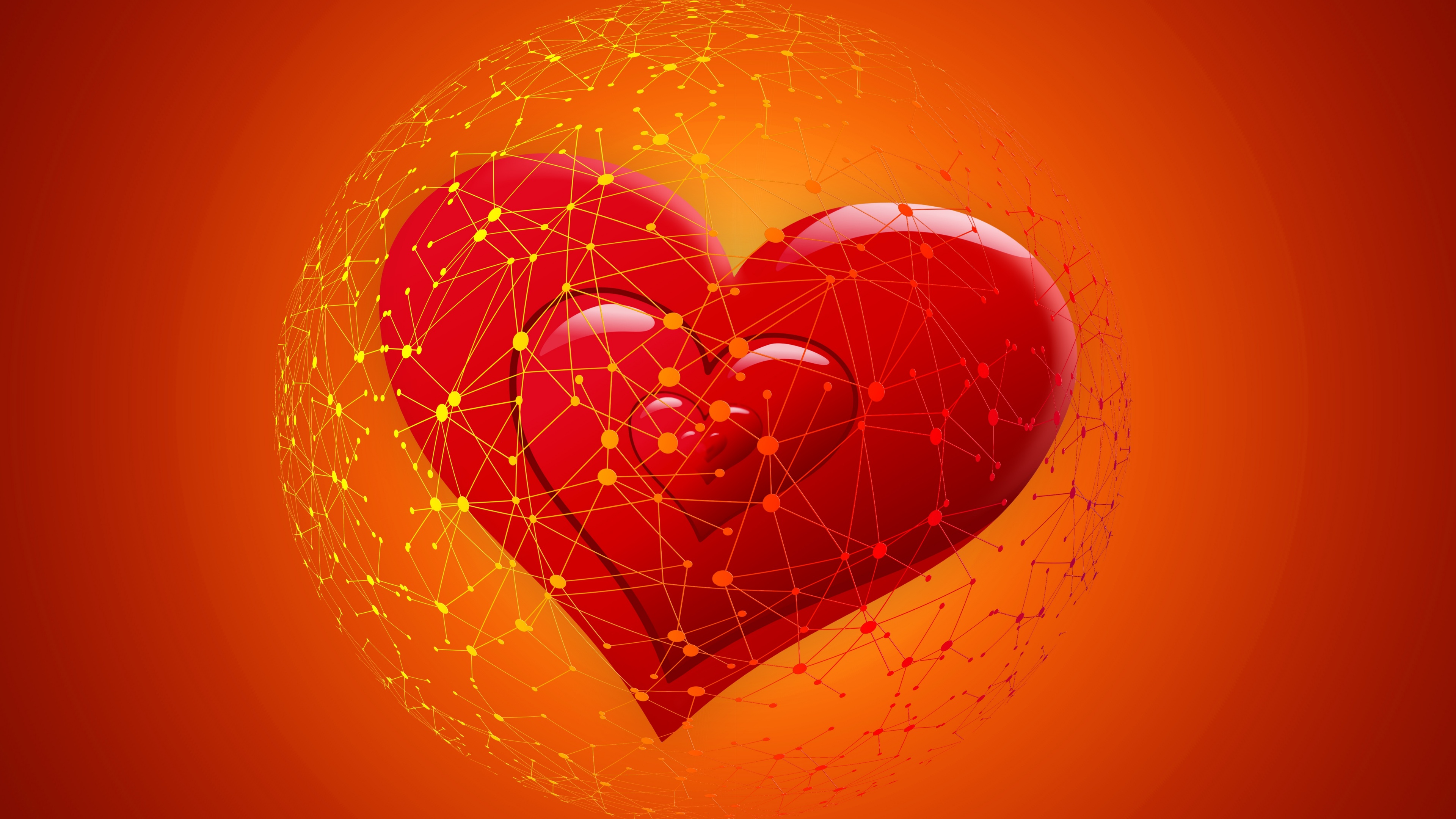 Multiple red hearts of different sizes scattered across a solid red background.