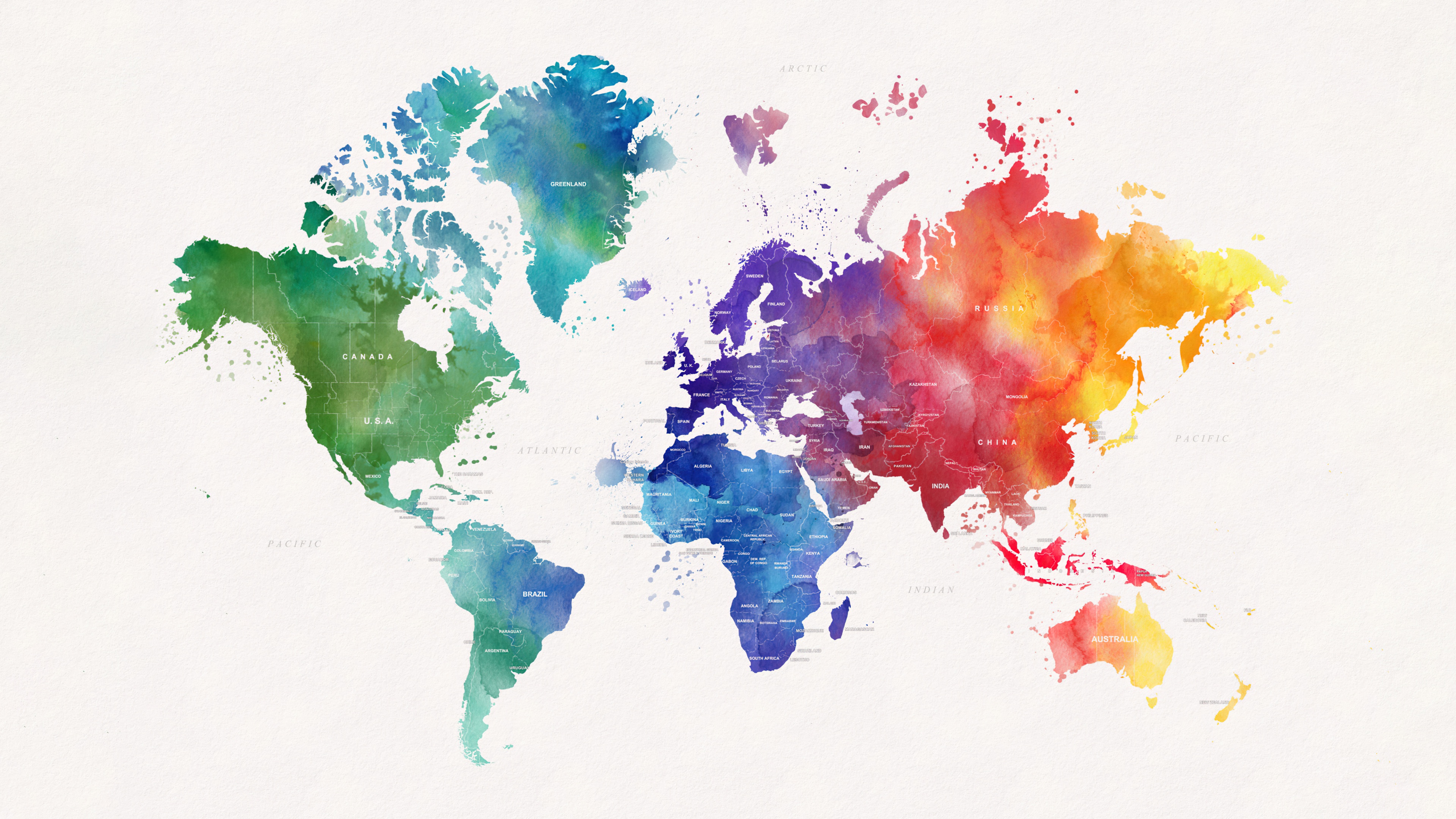 A colorful watercolor painting of the world map with vibrant, multi-colored continents.