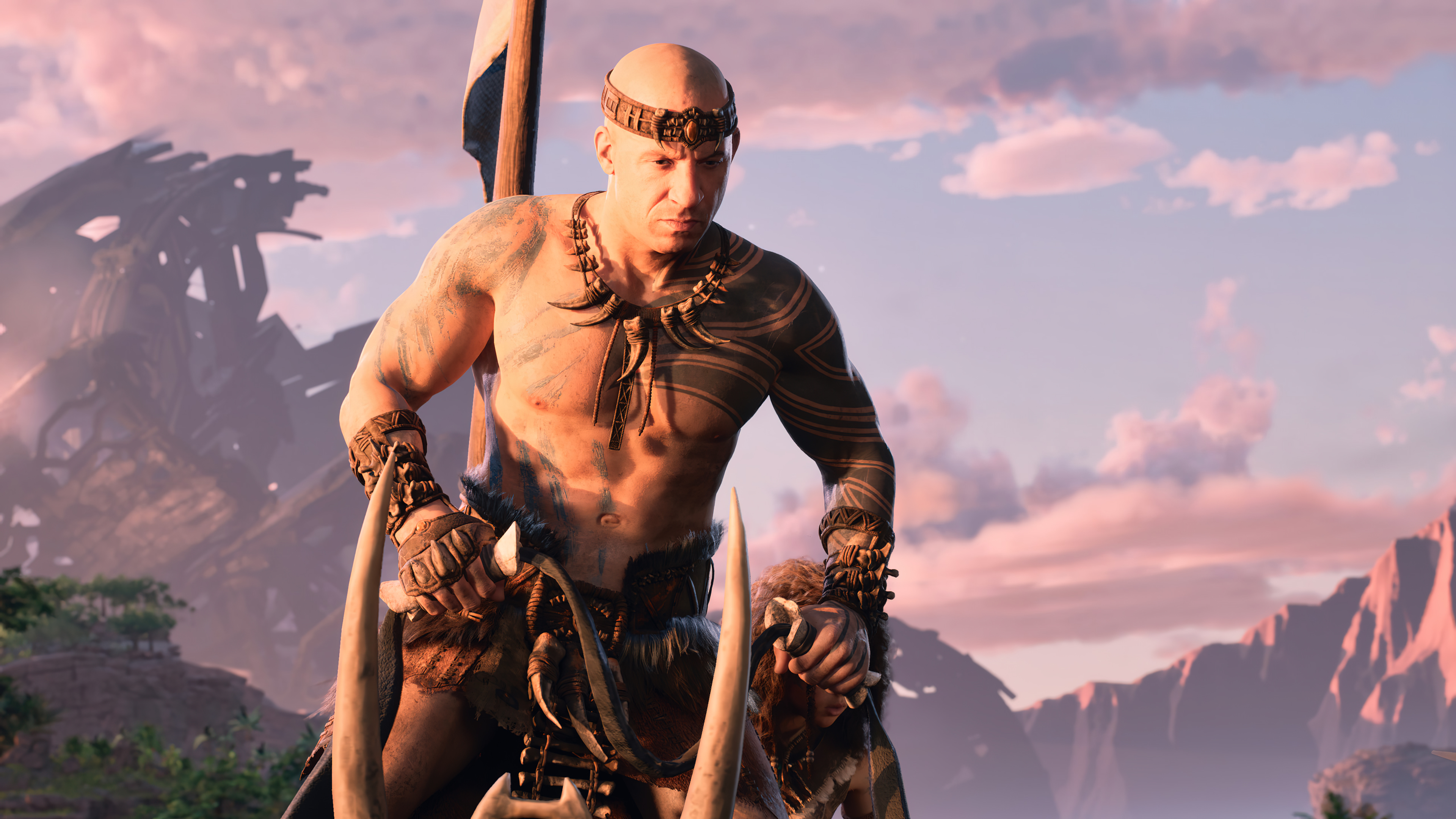 A cinematic close-up of Vin Diesel portraying the character Santiago from the game ARK 2.