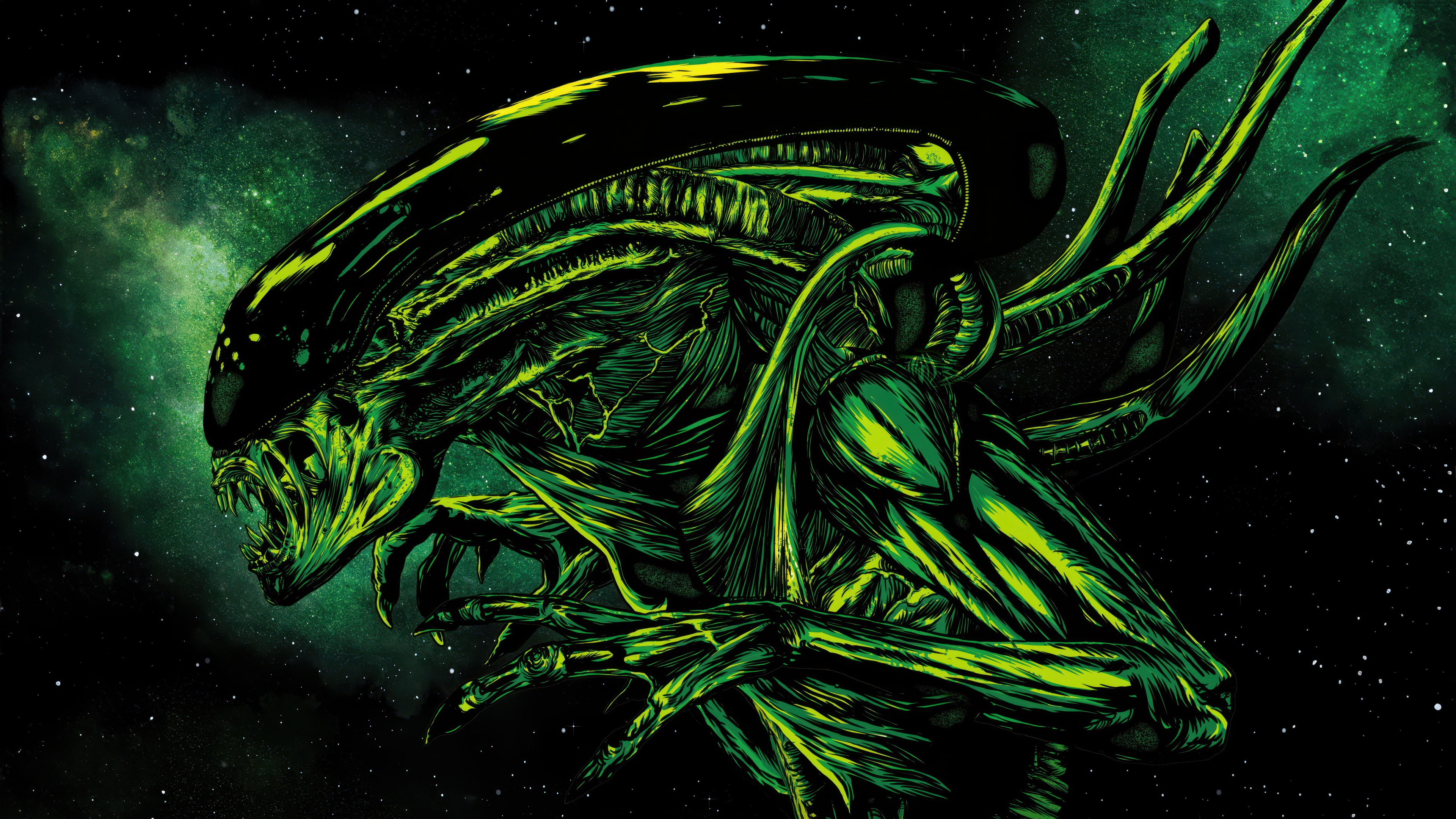 A detailed Xenomorph from the Alien franchise glowing in green light against a dark background.