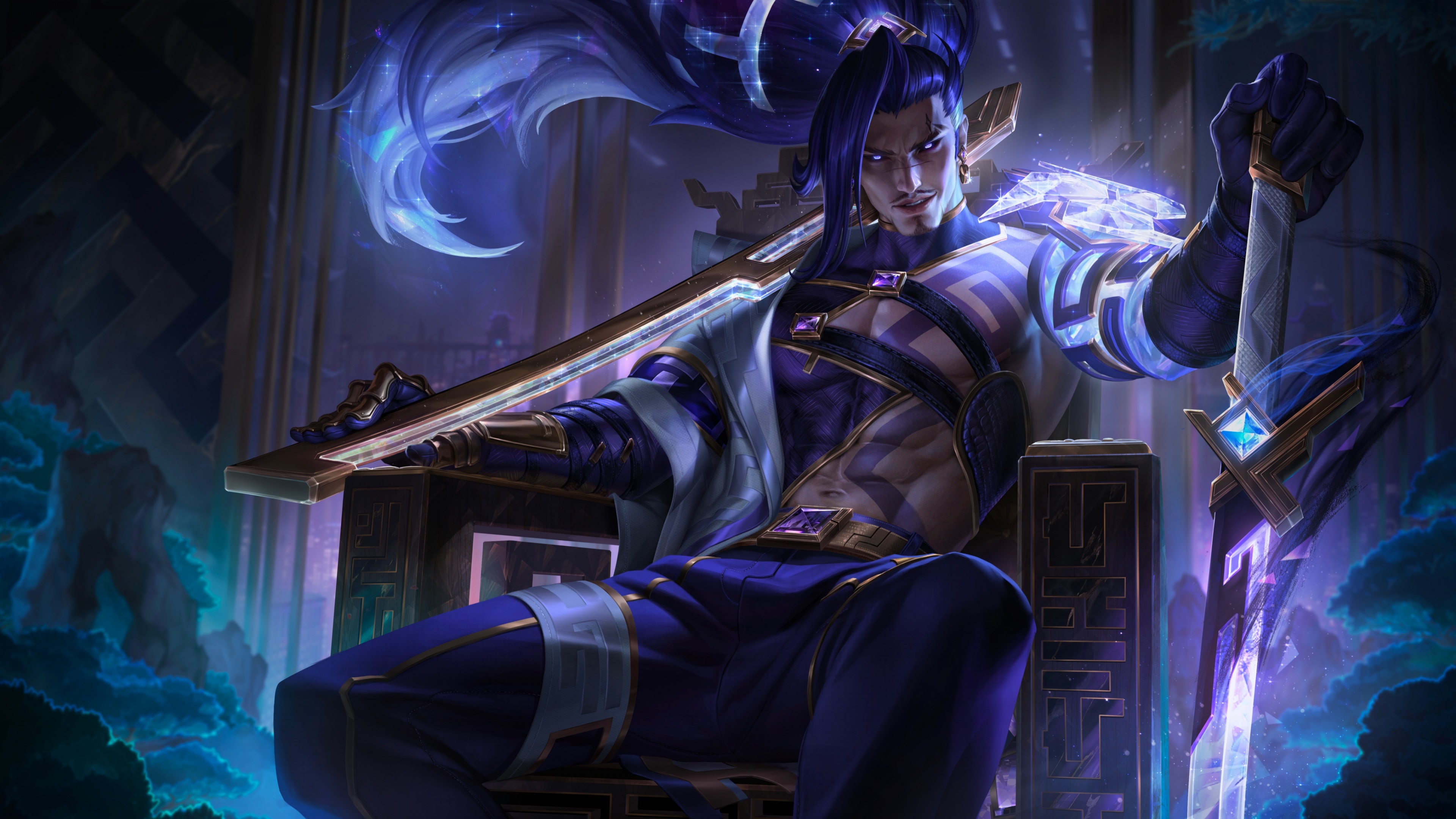 Yasuo from League of Legends wielding his sword with wind effects.