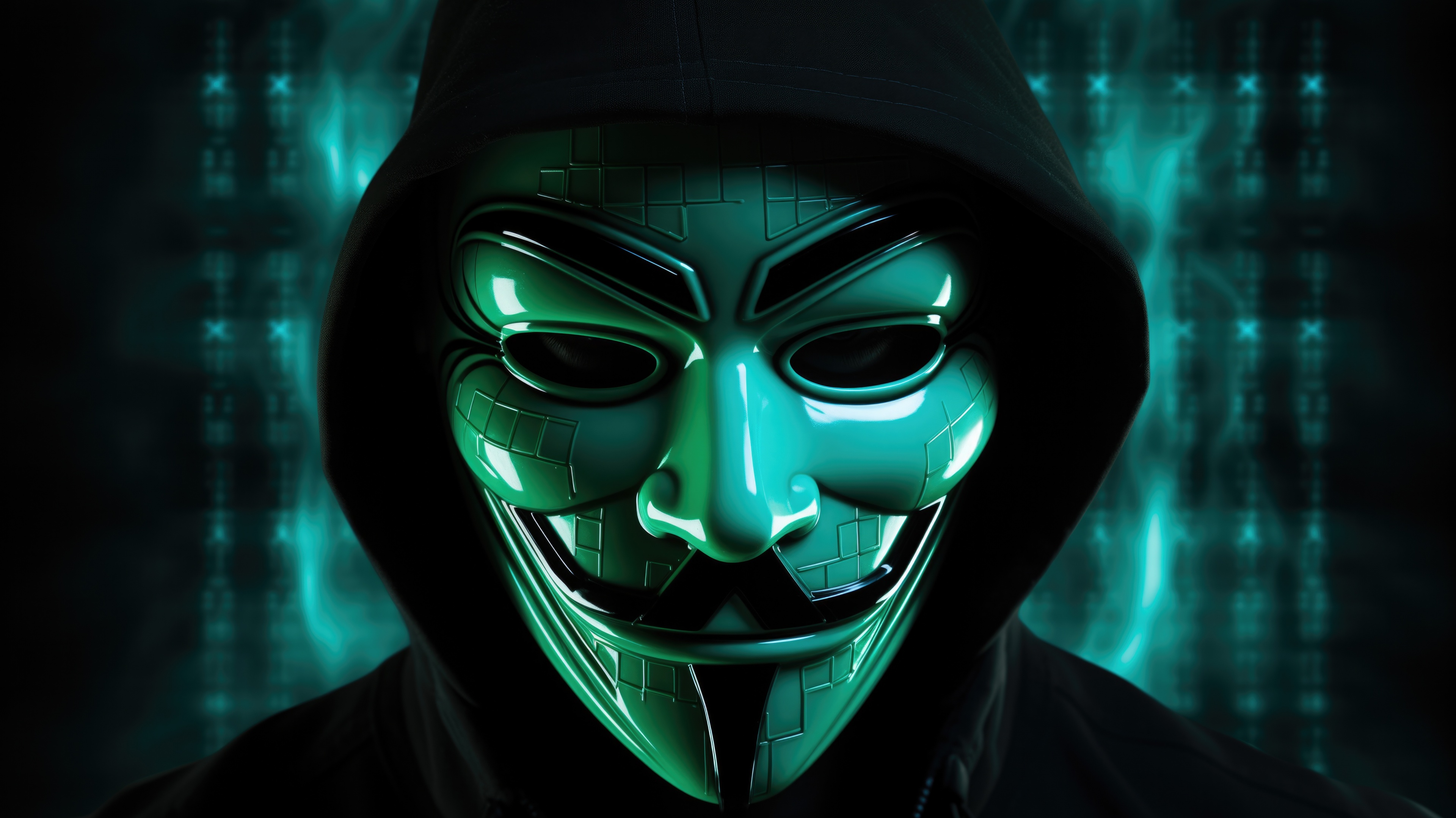 A person wearing a dark hoodie and a white Guy Fawkes mask, representing an anonymous hacker.