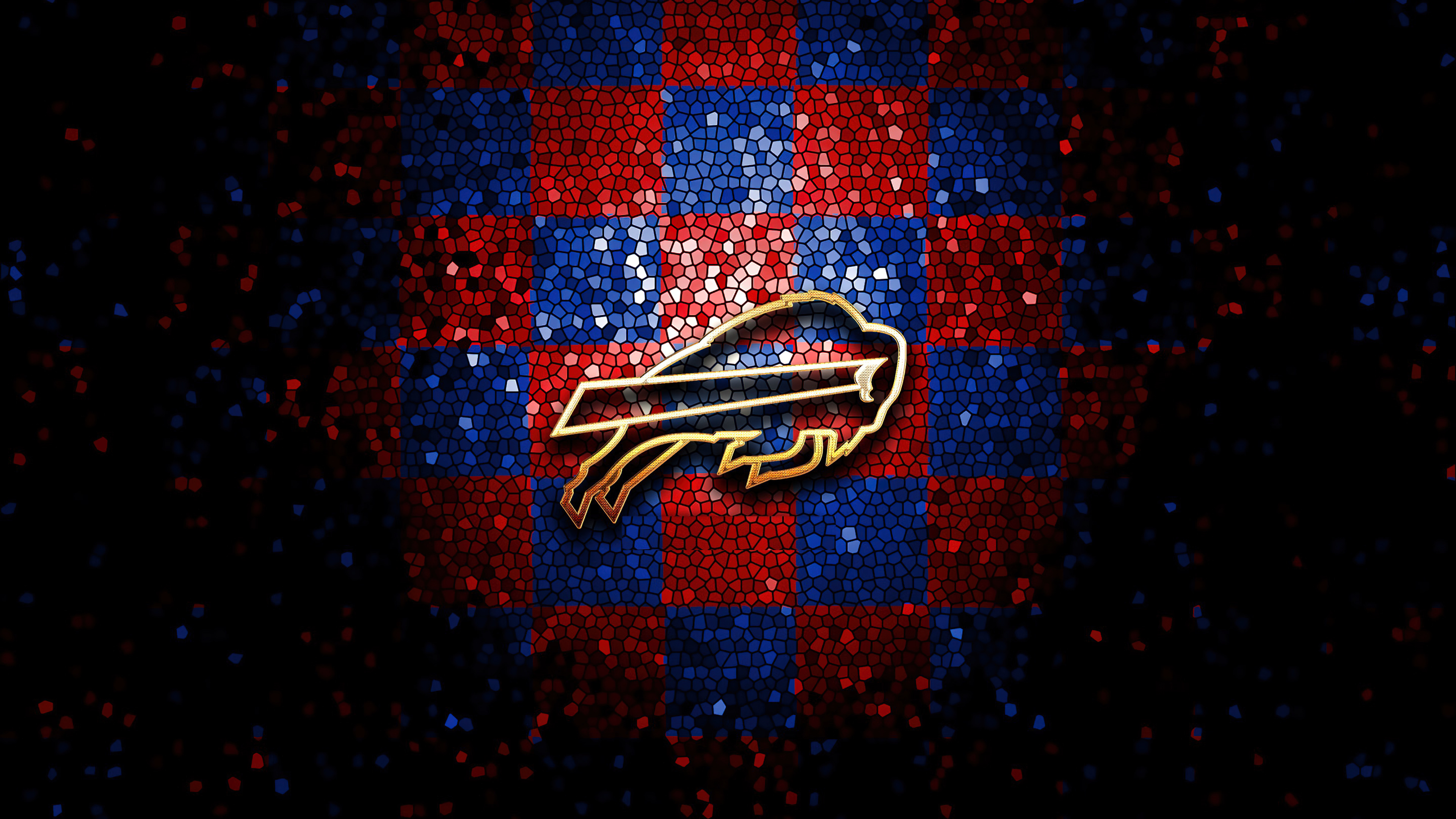 A mosaic pattern formation of the Buffalo Bills NFL team logo on a dark background.