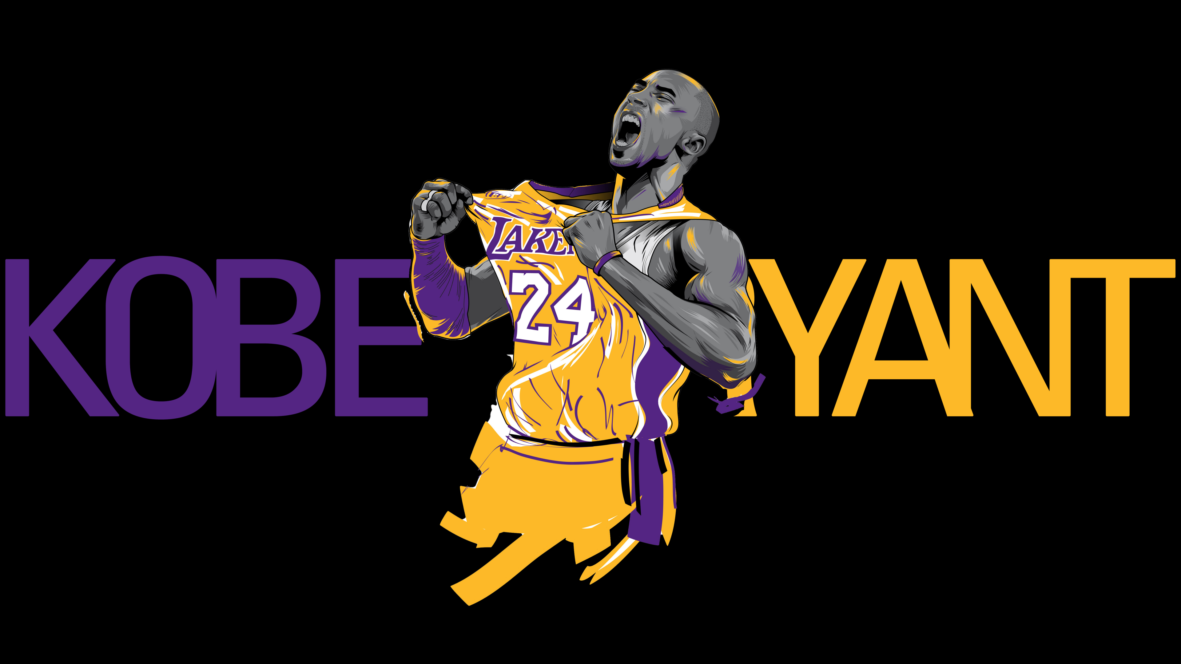 A high-resolution, detailed portrait of basketball legend Kobe Bryant of the Los Angeles Lakers against a black background.