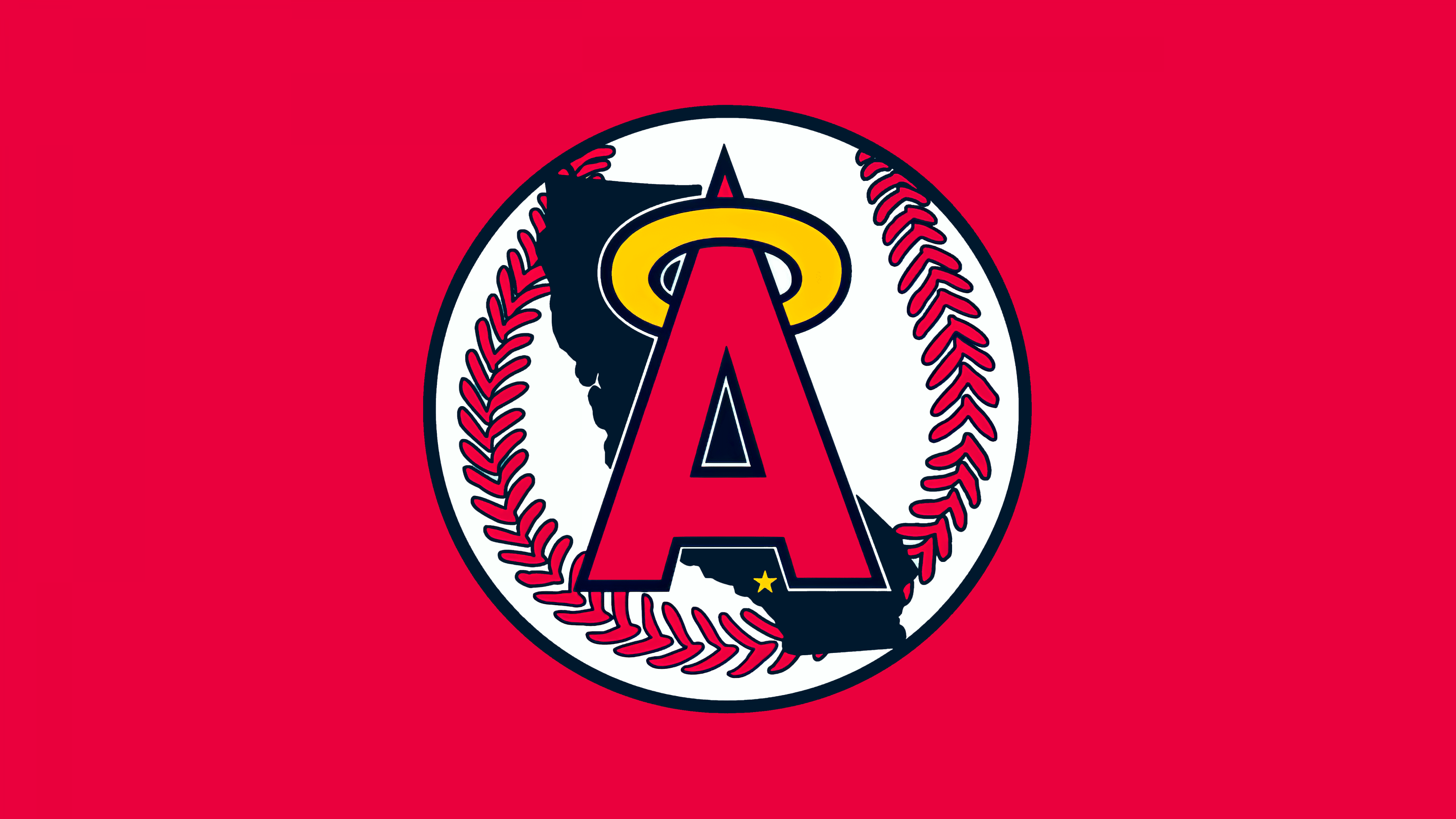 A high-resolution 5K graphic of the Los Angeles Angels theme on a solid red background.