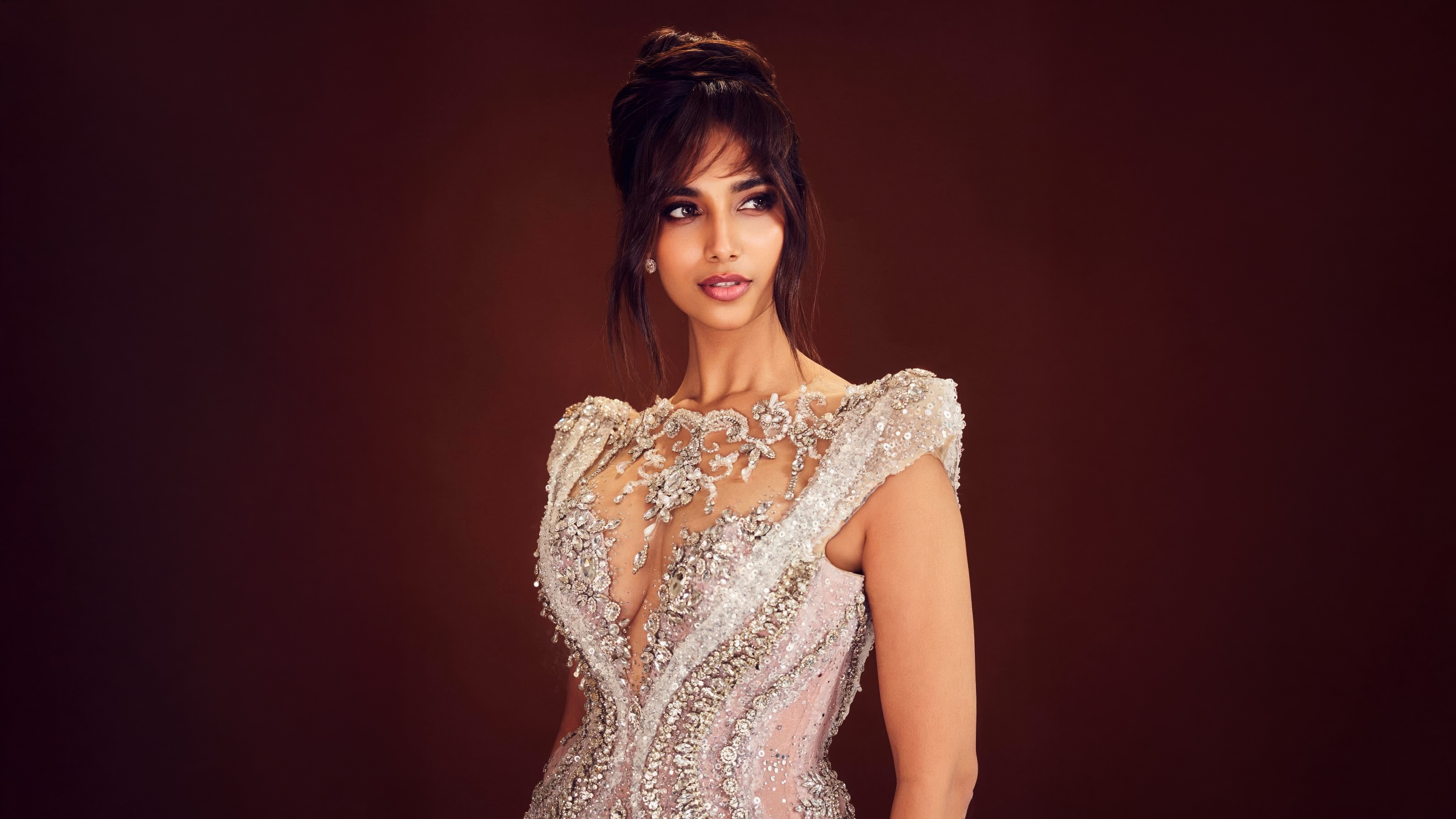 An elegant portrait of Indian actress Meenaakshi Chaudhary against a rich brown background.