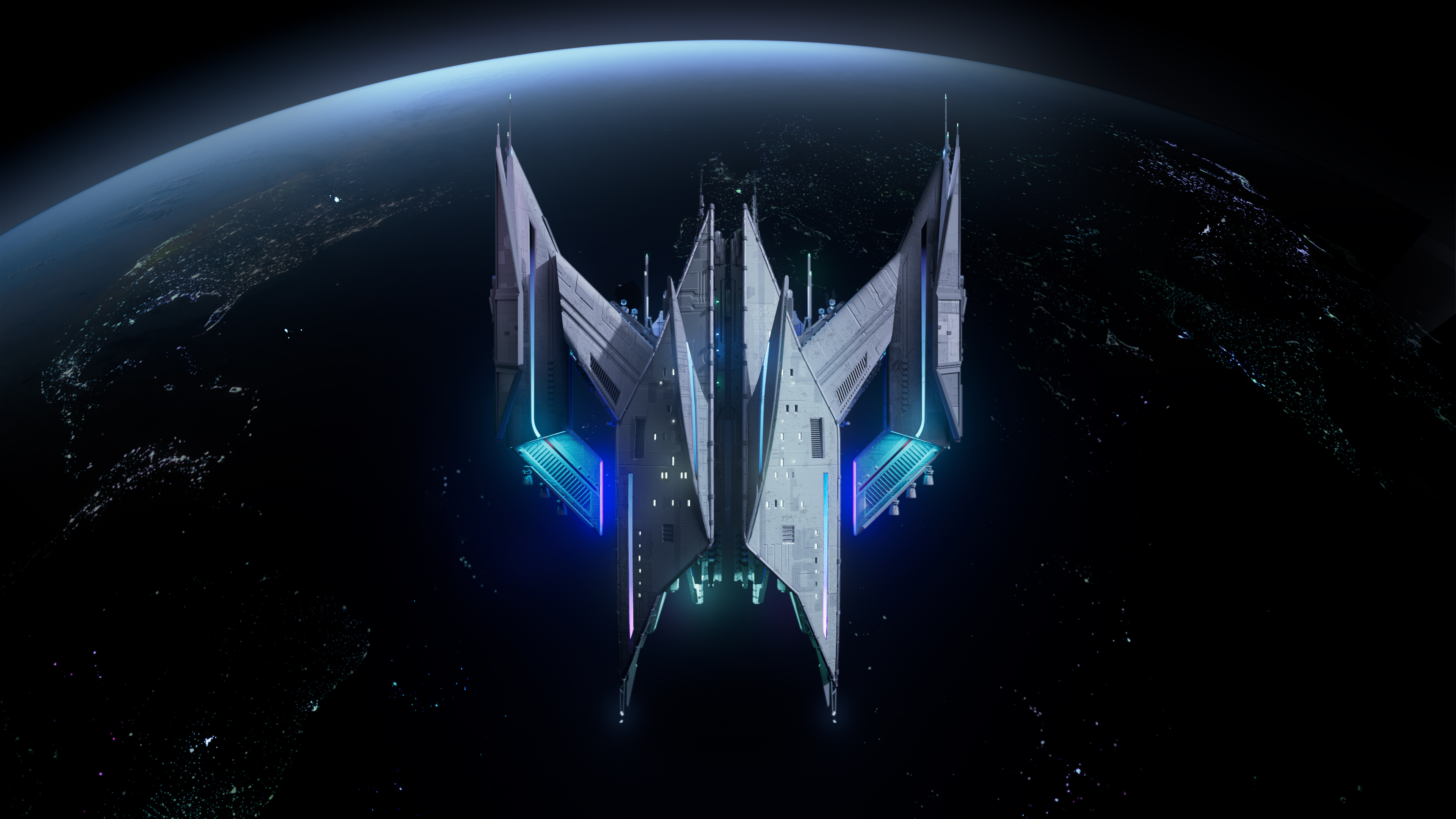 A dark, futuristic spaceship hovering over the planet Earth in a cinematic, dark aesthetic setting.