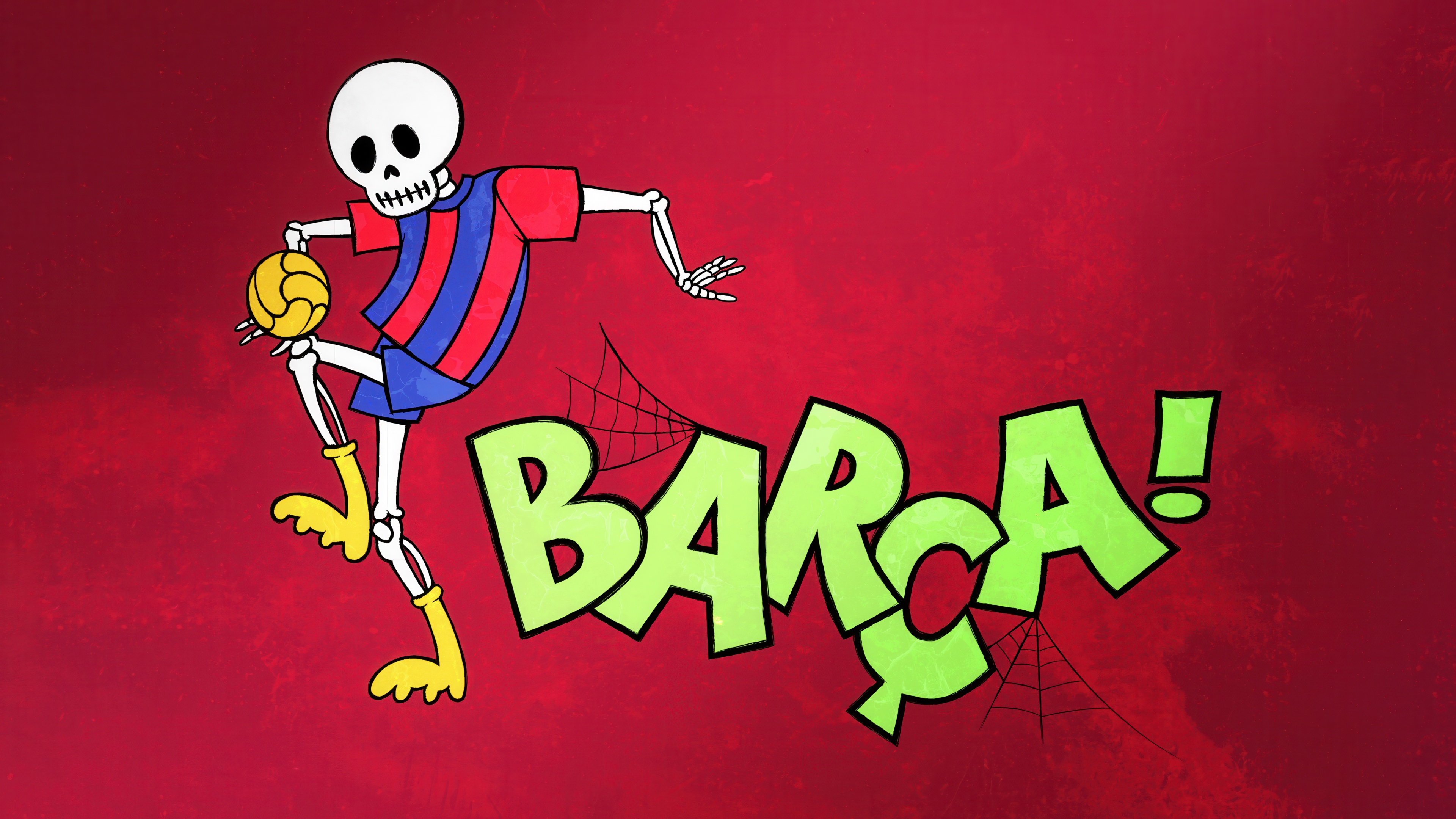 A detailed skeleton wearing an FC Barcelona football club jersey against a solid red background.