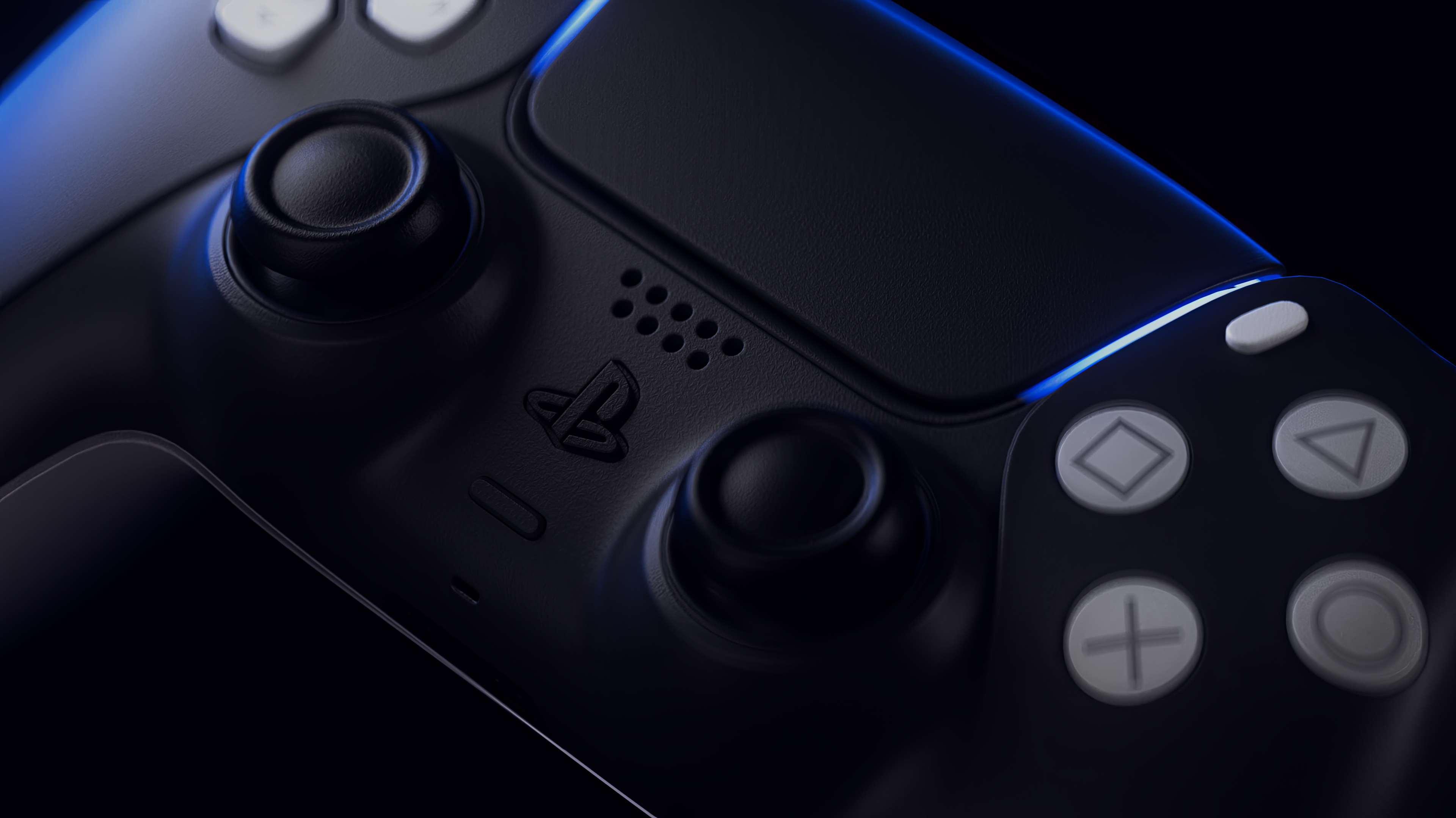 Sony PlayStation 5 console and DualSense wireless controller set against a dark, moody, and minimalist background