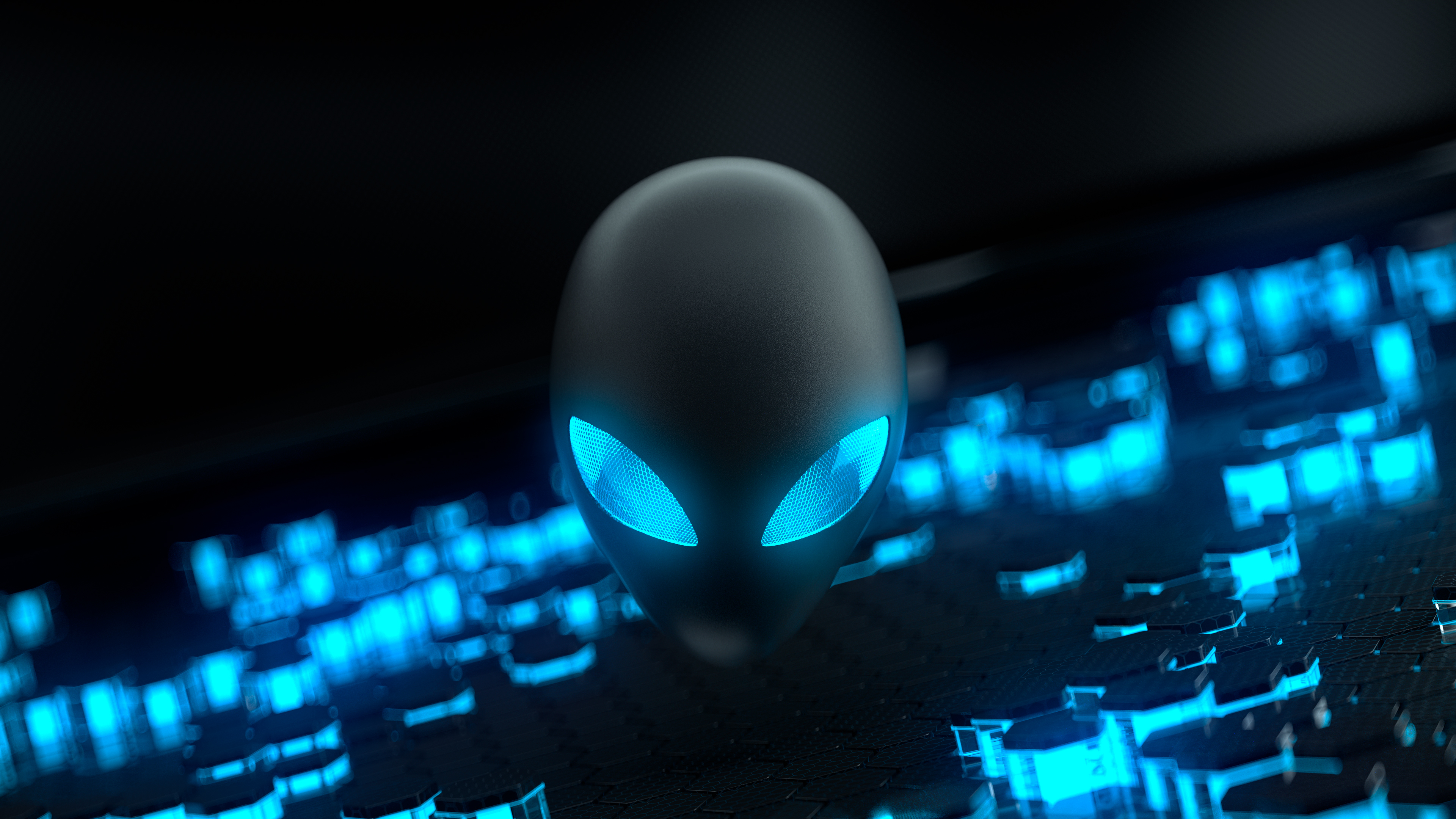 Close-up of a blue-themed alien character with bright glowing eyes and high-contrast lighting.