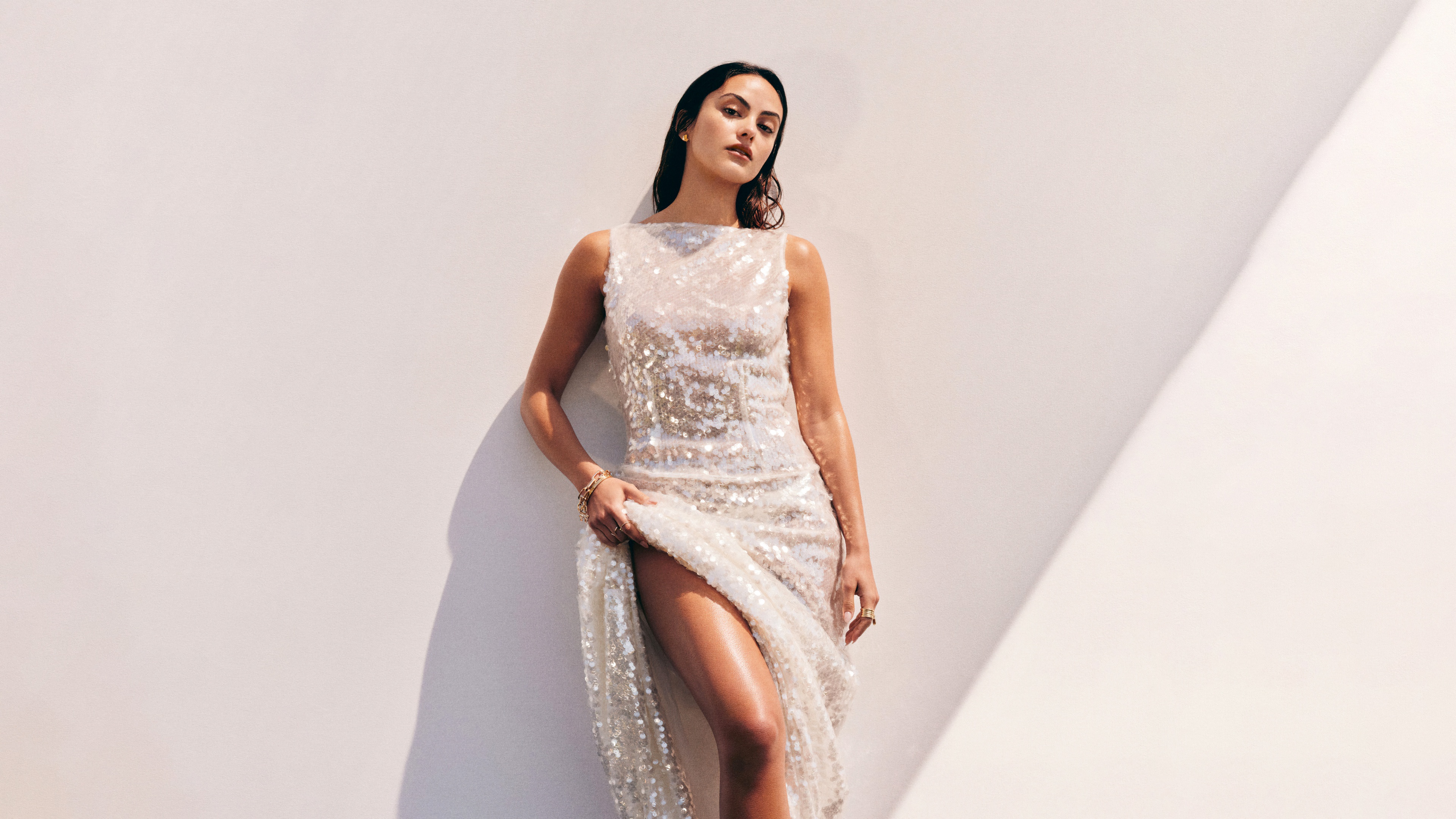 Camila Mendes featuring a glamorous glitter aesthetic for a Vogue Mexico inspired fashion shoot.