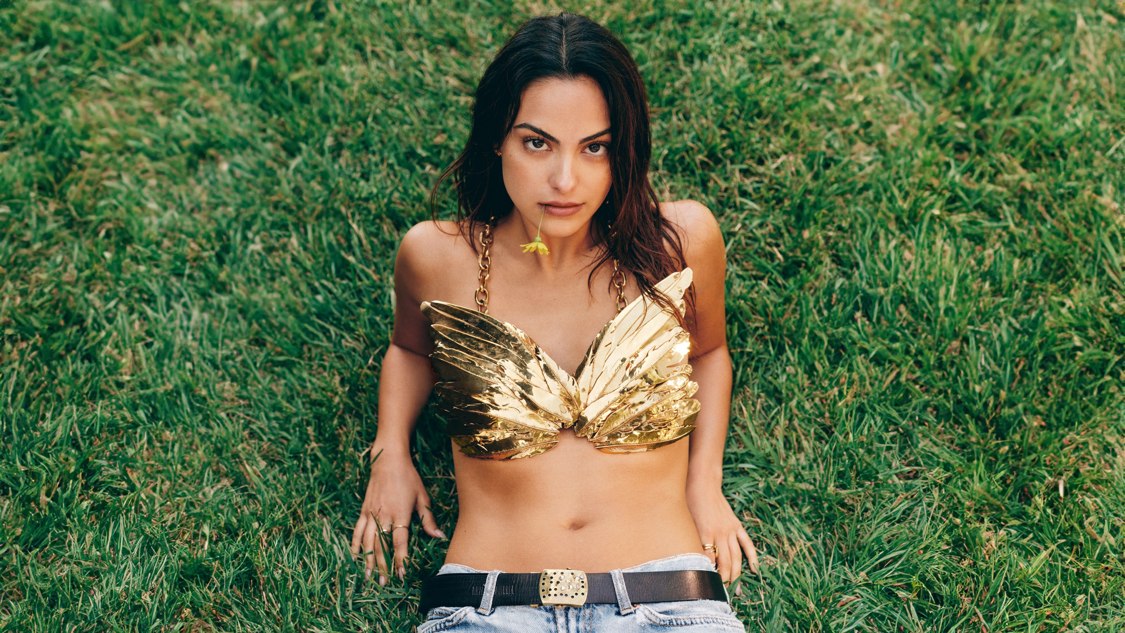 An elegant fashion editorial portrait of actress Camila Mendes for Vogue Mexico.