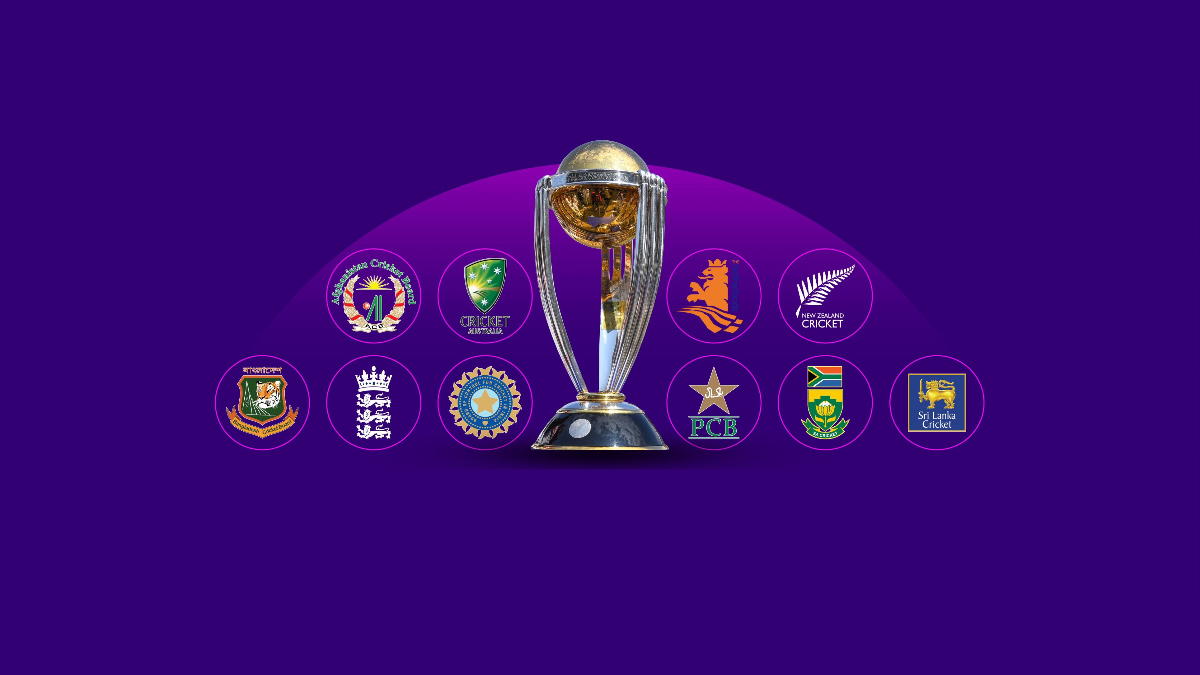 Dynamic cricket equipment and motifs set against a rich purple background for the Cricket World Cup.
