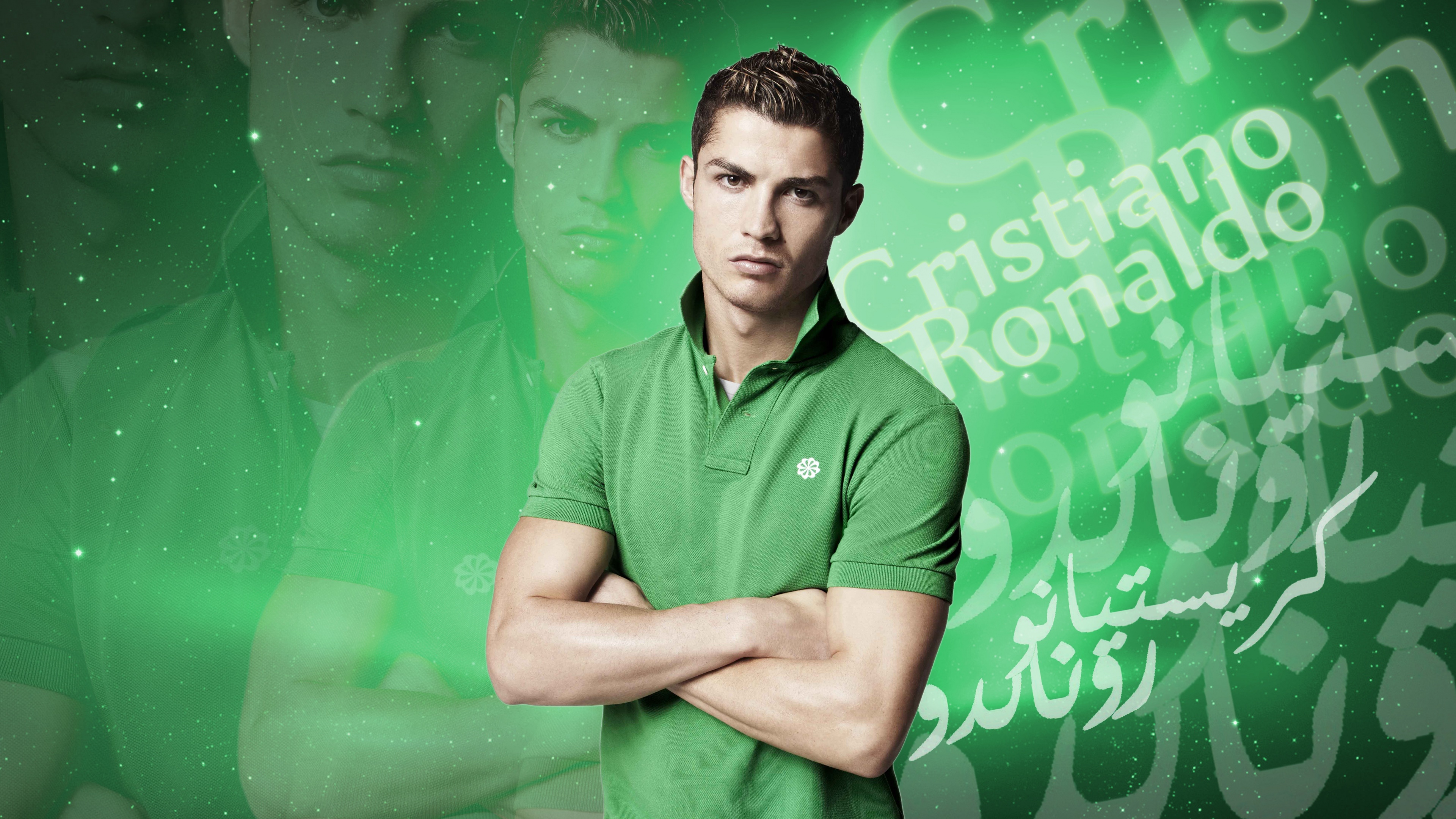 A professional 5K resolution portrait of Portuguese soccer star Cristiano Ronaldo against a solid green backdrop.
