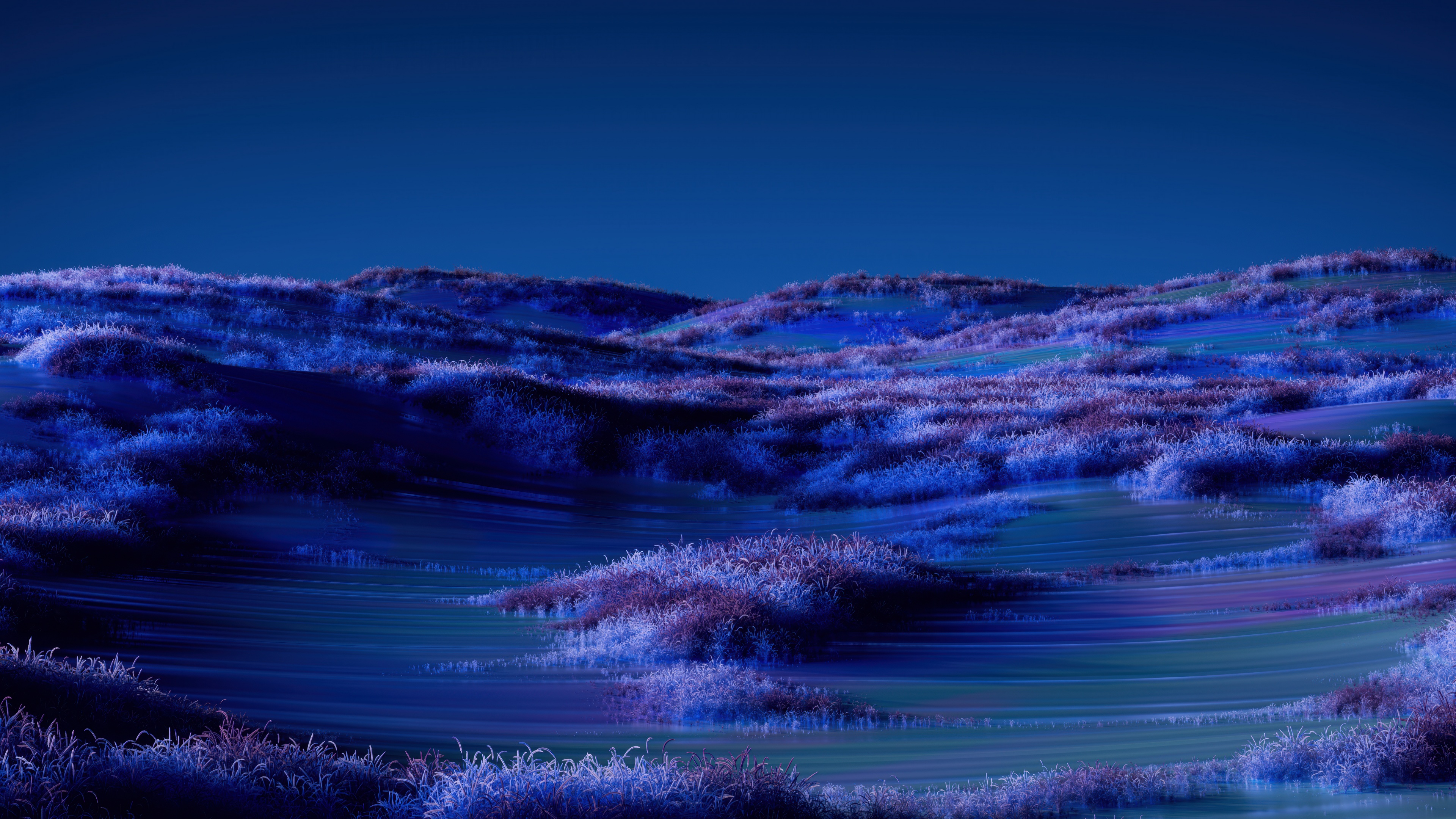 A serene landscape of a field at night with a purple aesthetic and a deep blue sky.