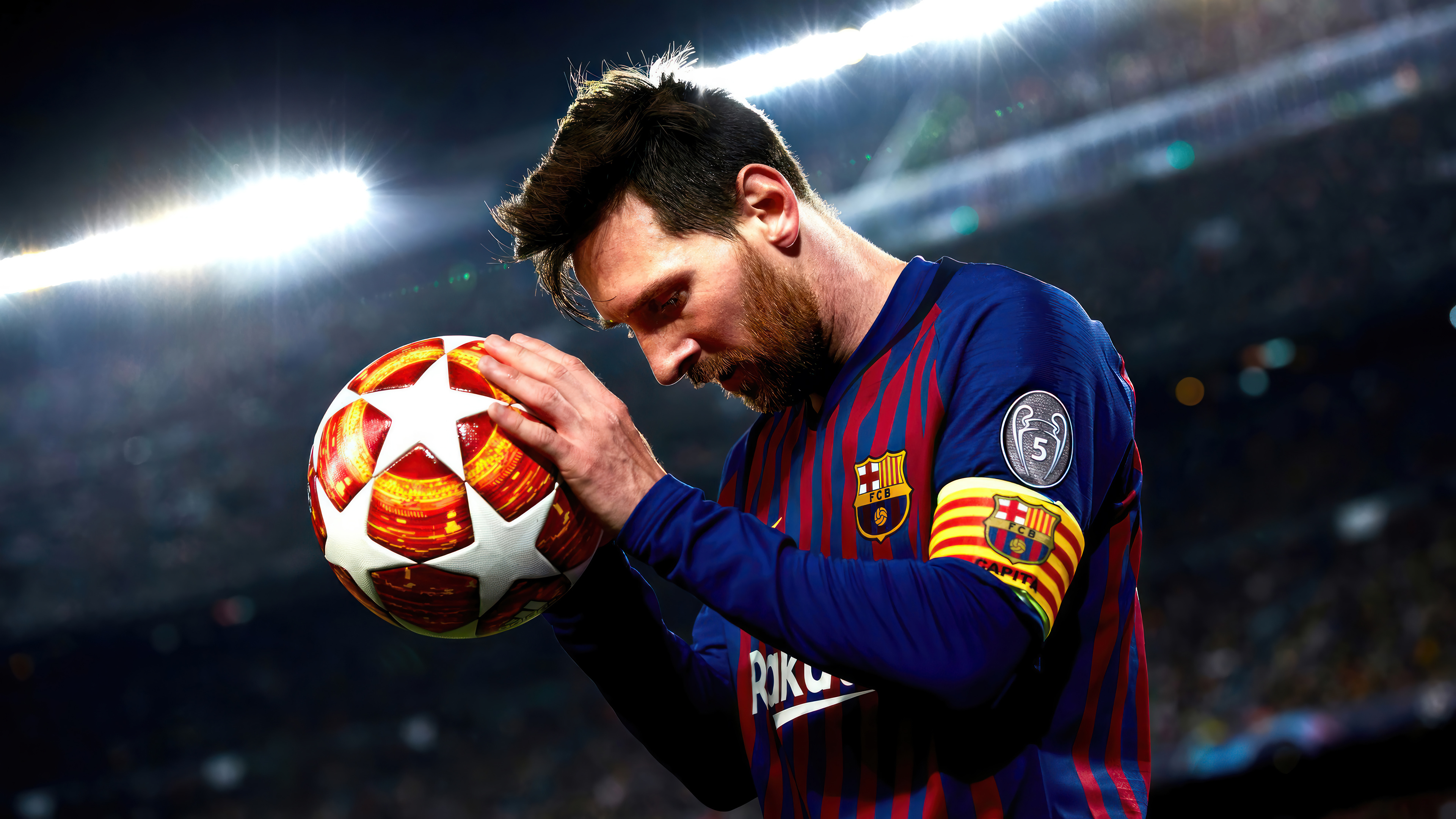 Lionel Messi wearing the classic FC Barcelona soccer jersey