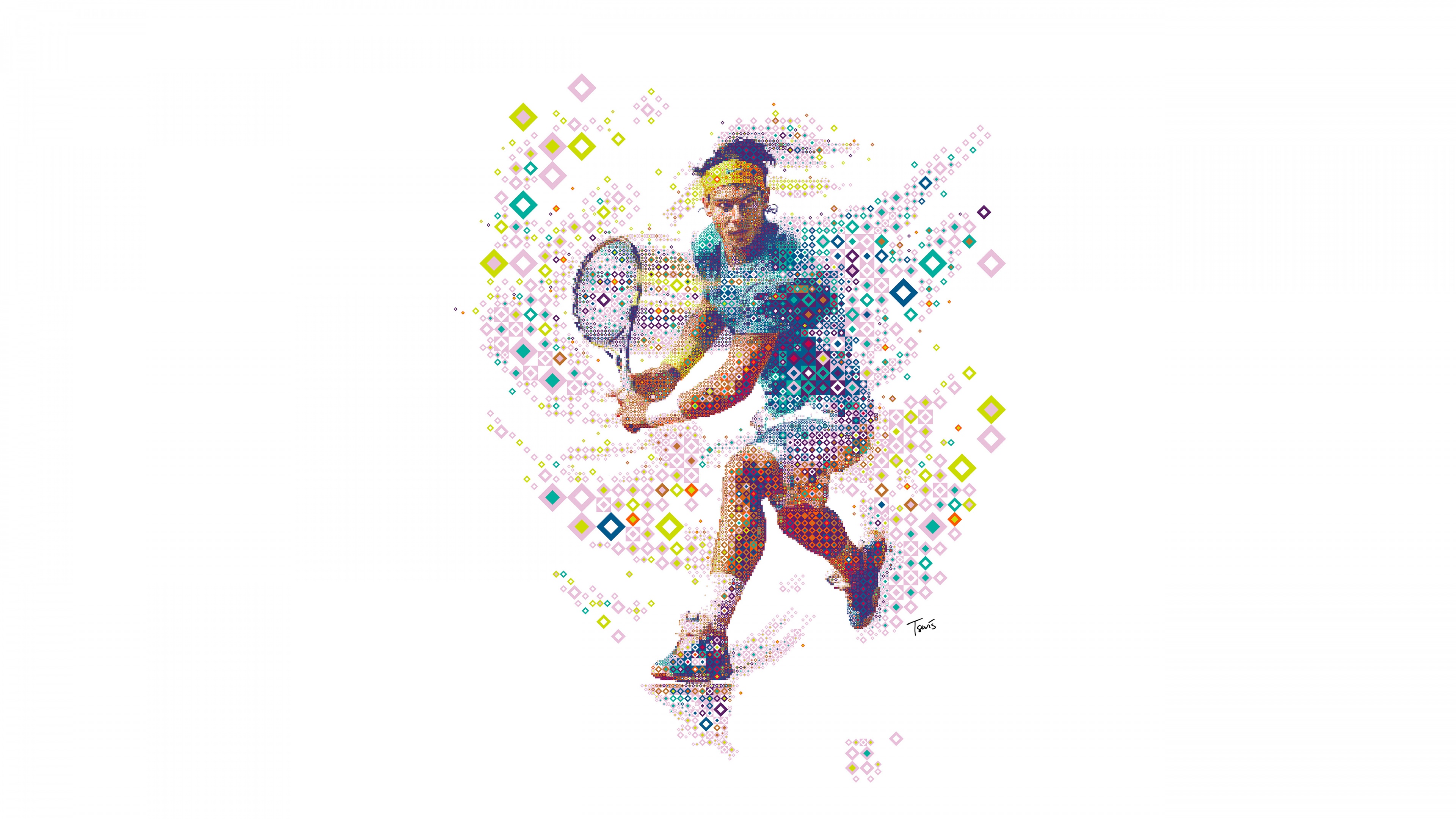 A mosaic digital art portrait of tennis player Rafael Nadal on a white background