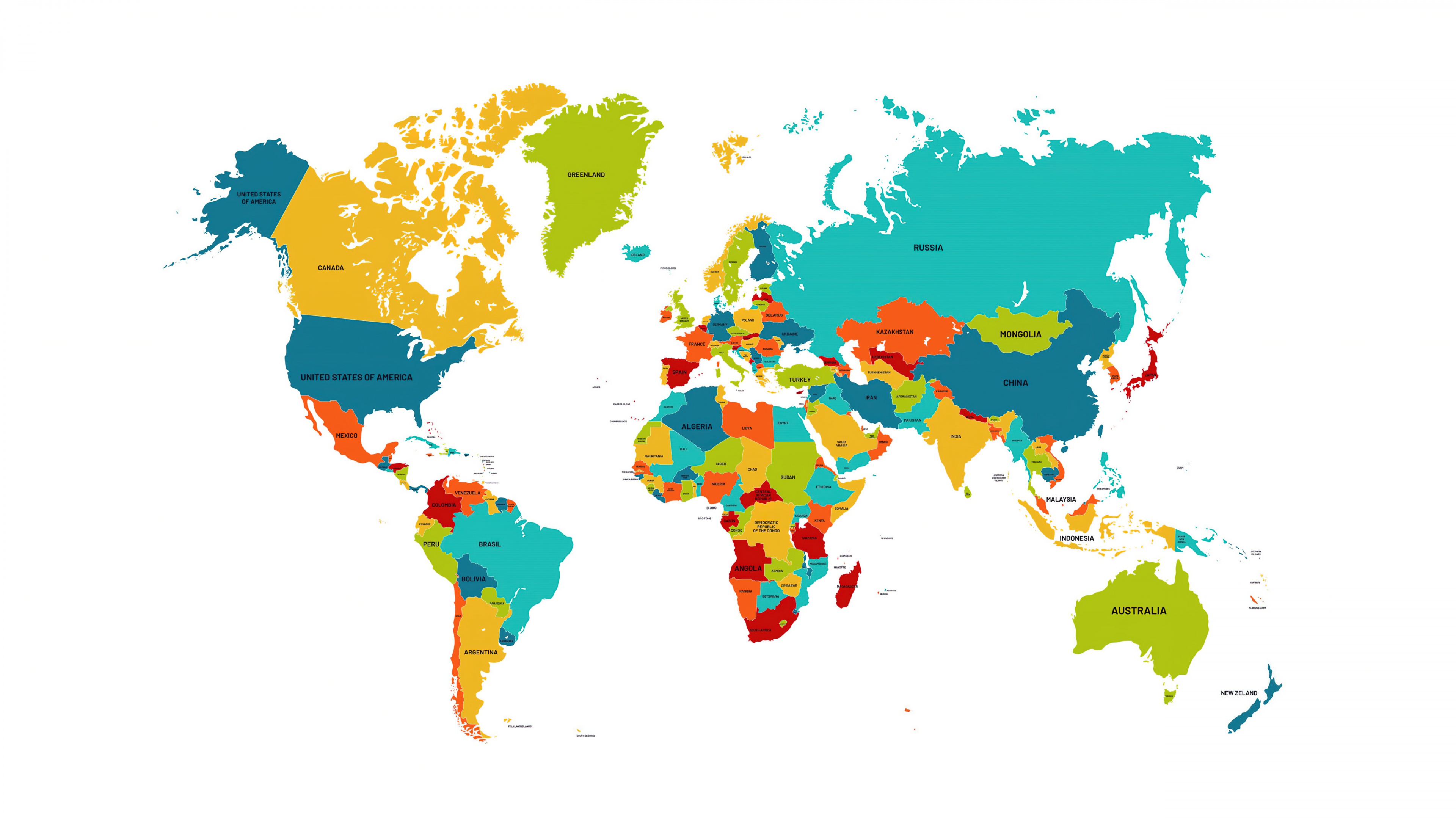 A highly detailed and colorful 5K world map with bright, multi-colored continents.