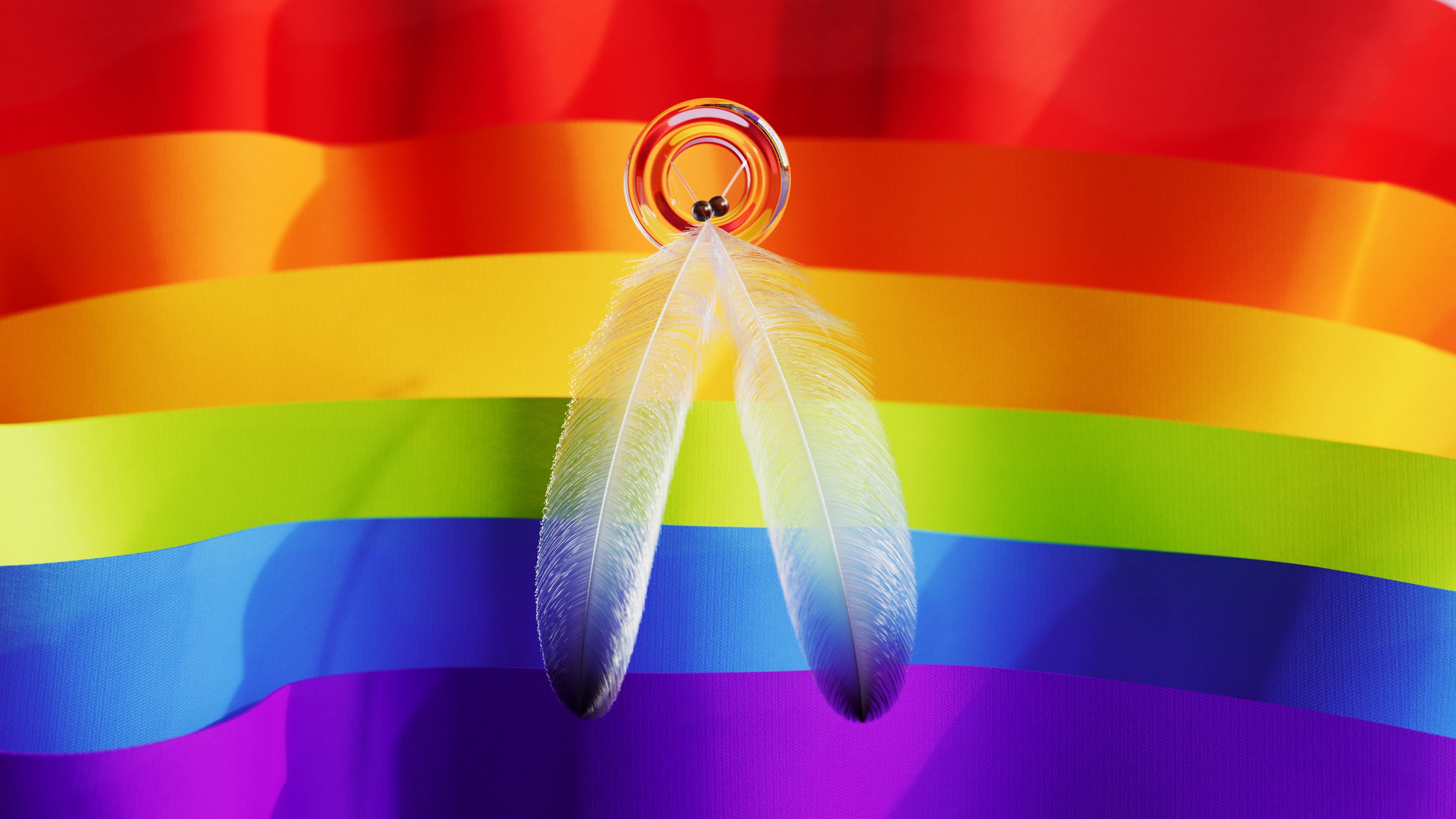 Abstract colorful background featuring flowing rainbow ribbons and delicate feathers celebrating LGBTQ pride.