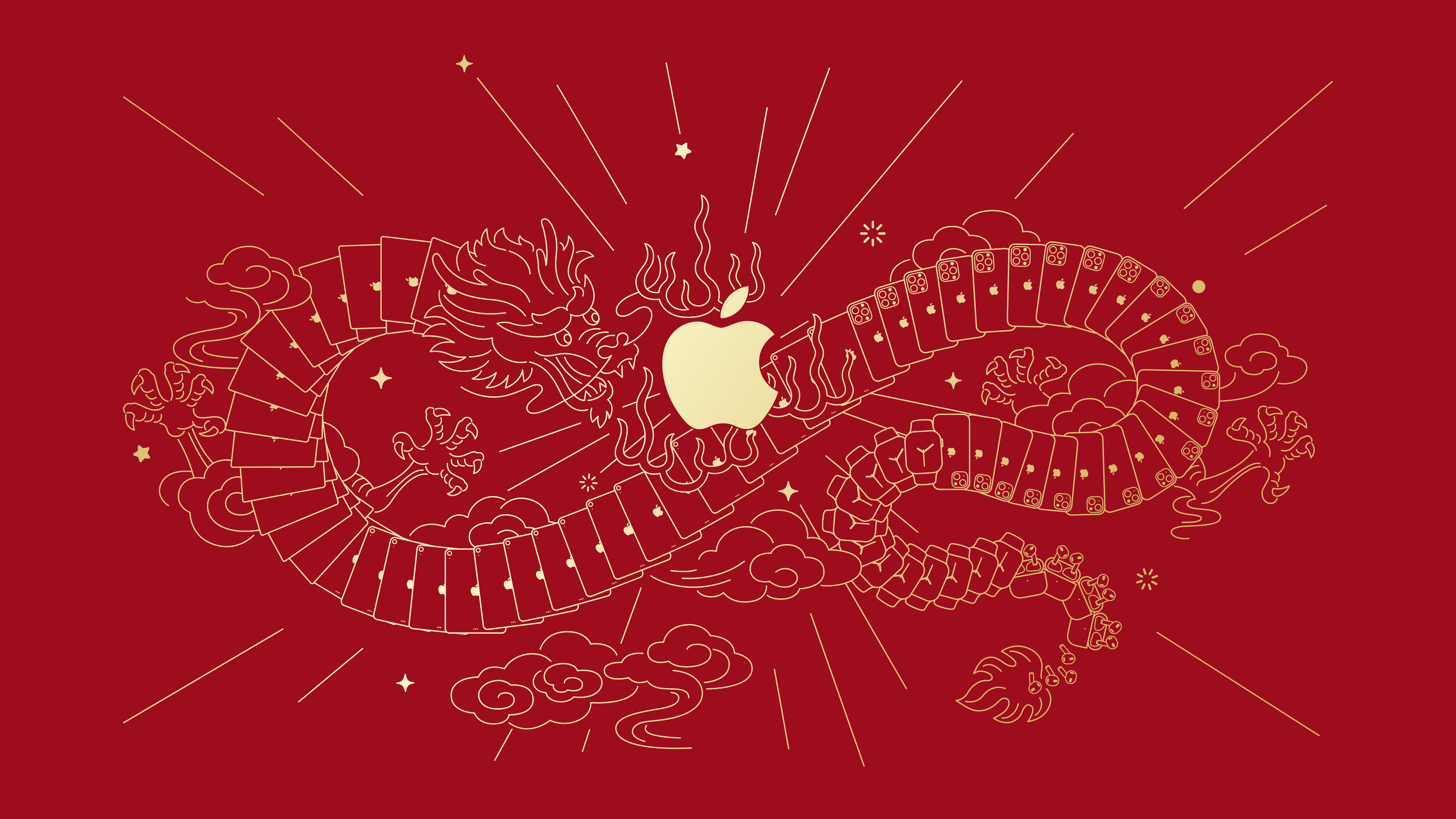The Apple logo displayed on a vivid red background, themed for the 2024 Year of the Dragon.