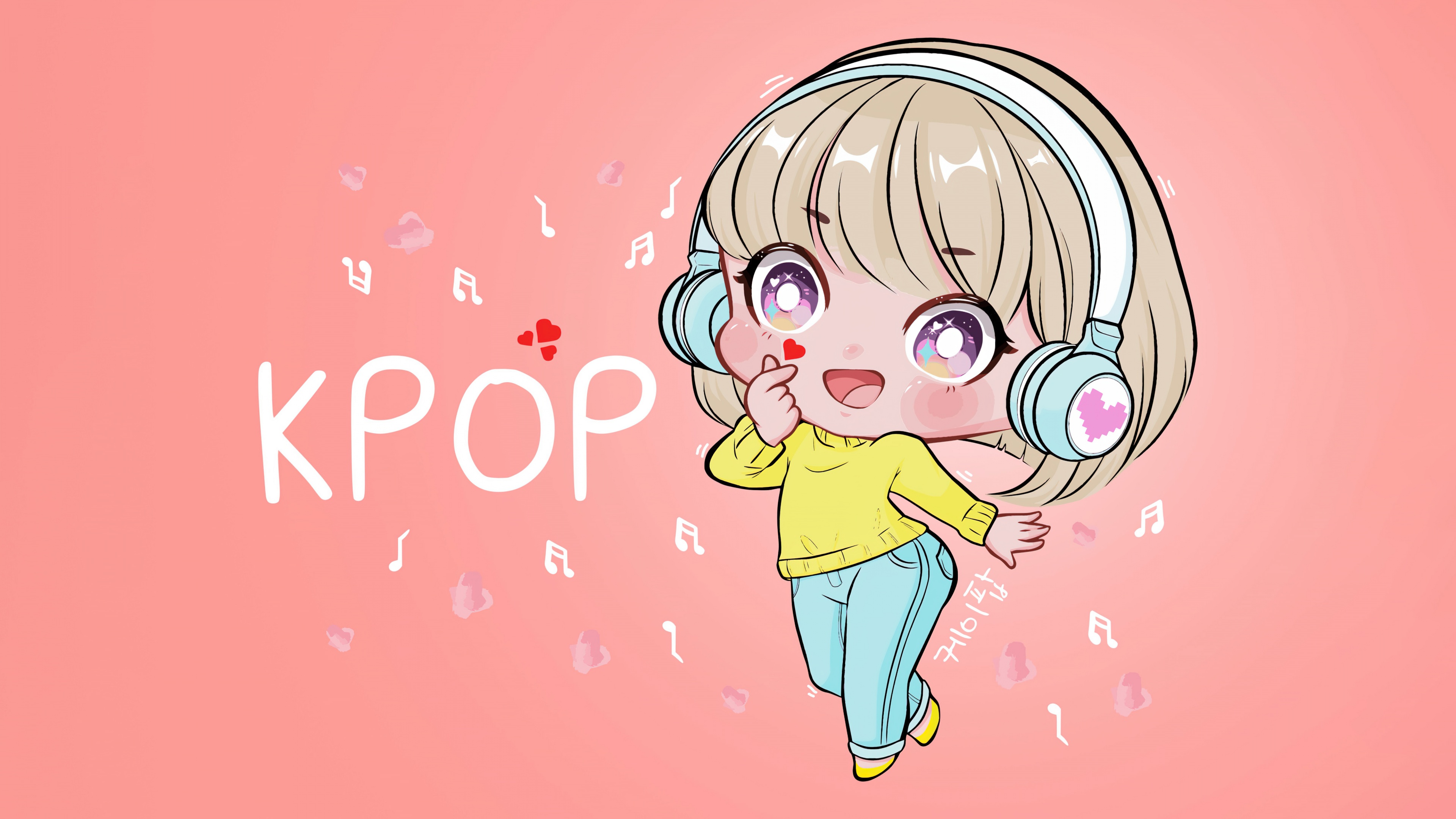 Chibi K-pop girl making a finger heart and dancing amidst red hearts on a pastel orange background