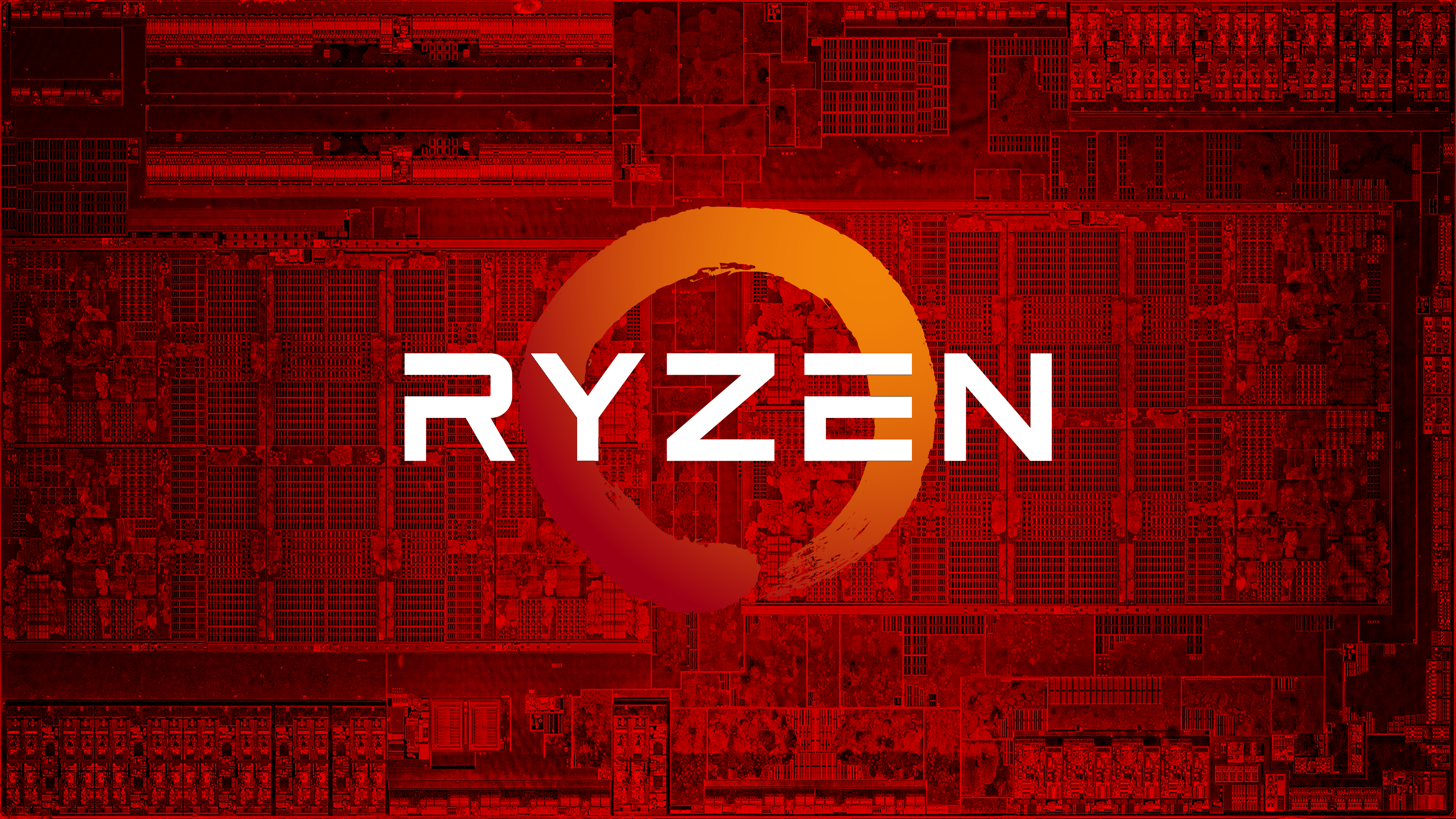 A futuristic AMD Ryzen logo centered on a vibrant red background with digital glow effects.