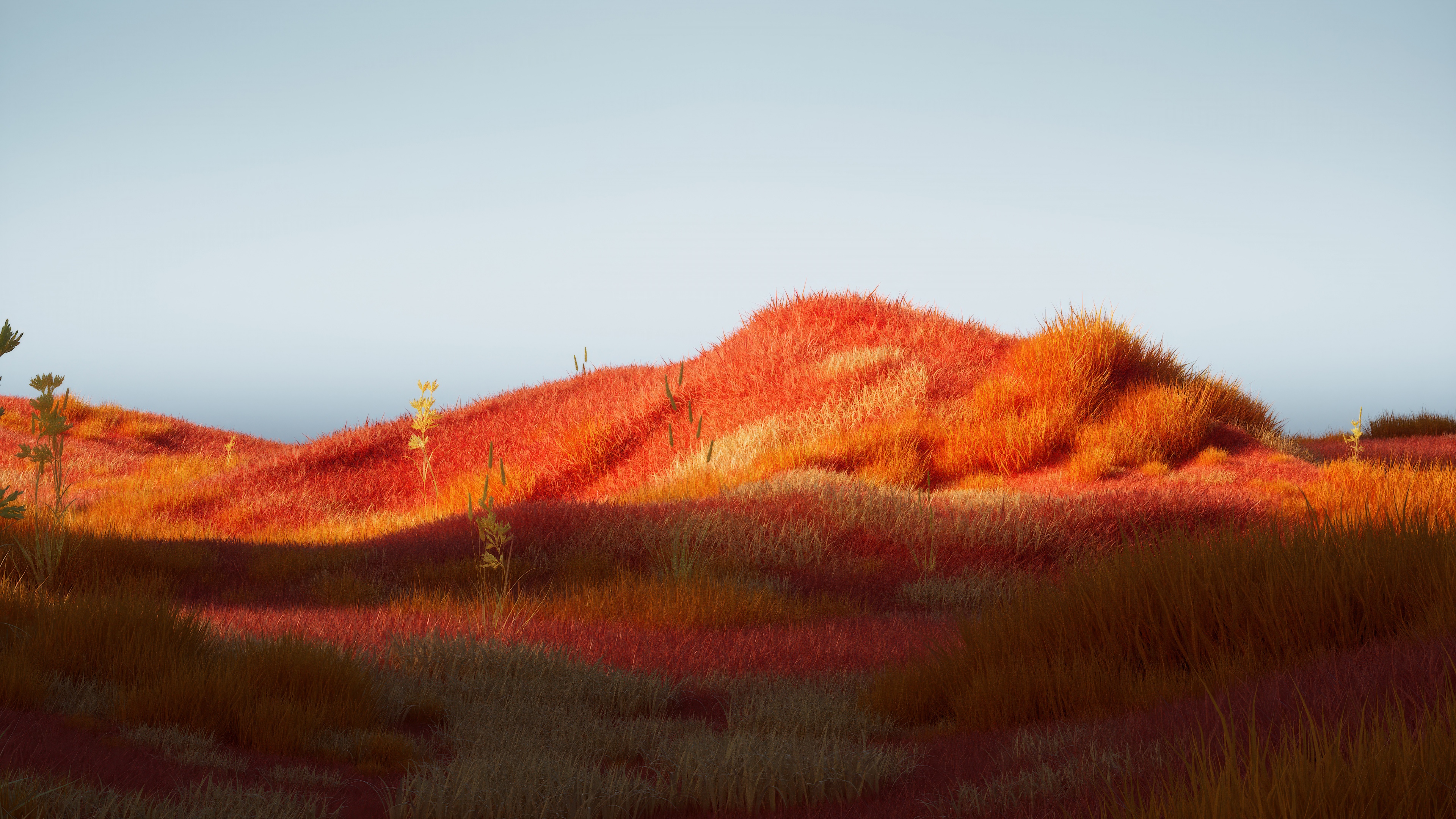 A minimalist and surreal landscape featuring red grass, an orange autumn sky, and a large moon rising over a distant horizon.