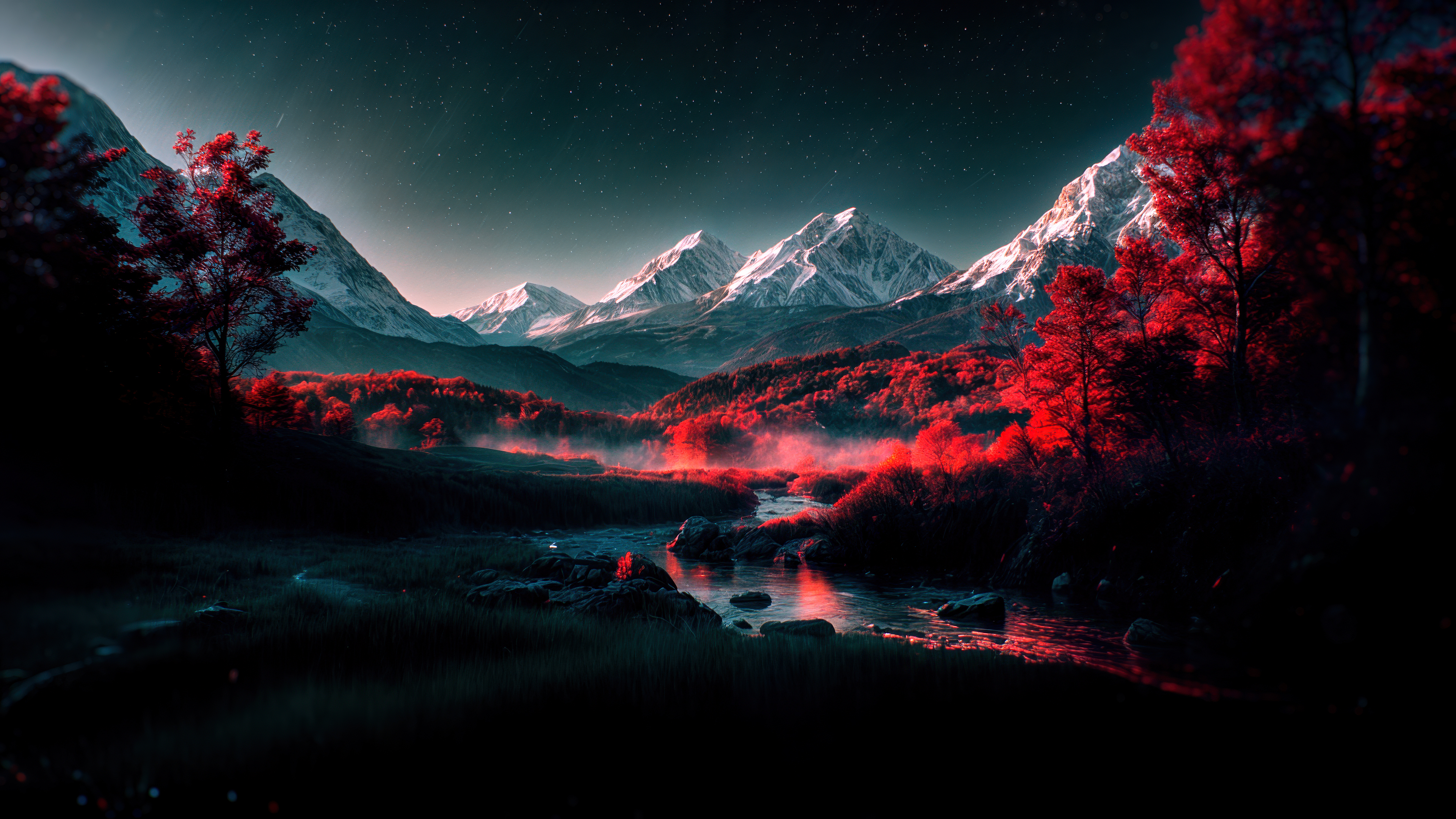A dramatic night landscape featuring mountains, a forest, and a river under a starry sky, all rendered in a striking deep red aesthetic with flowing fog.