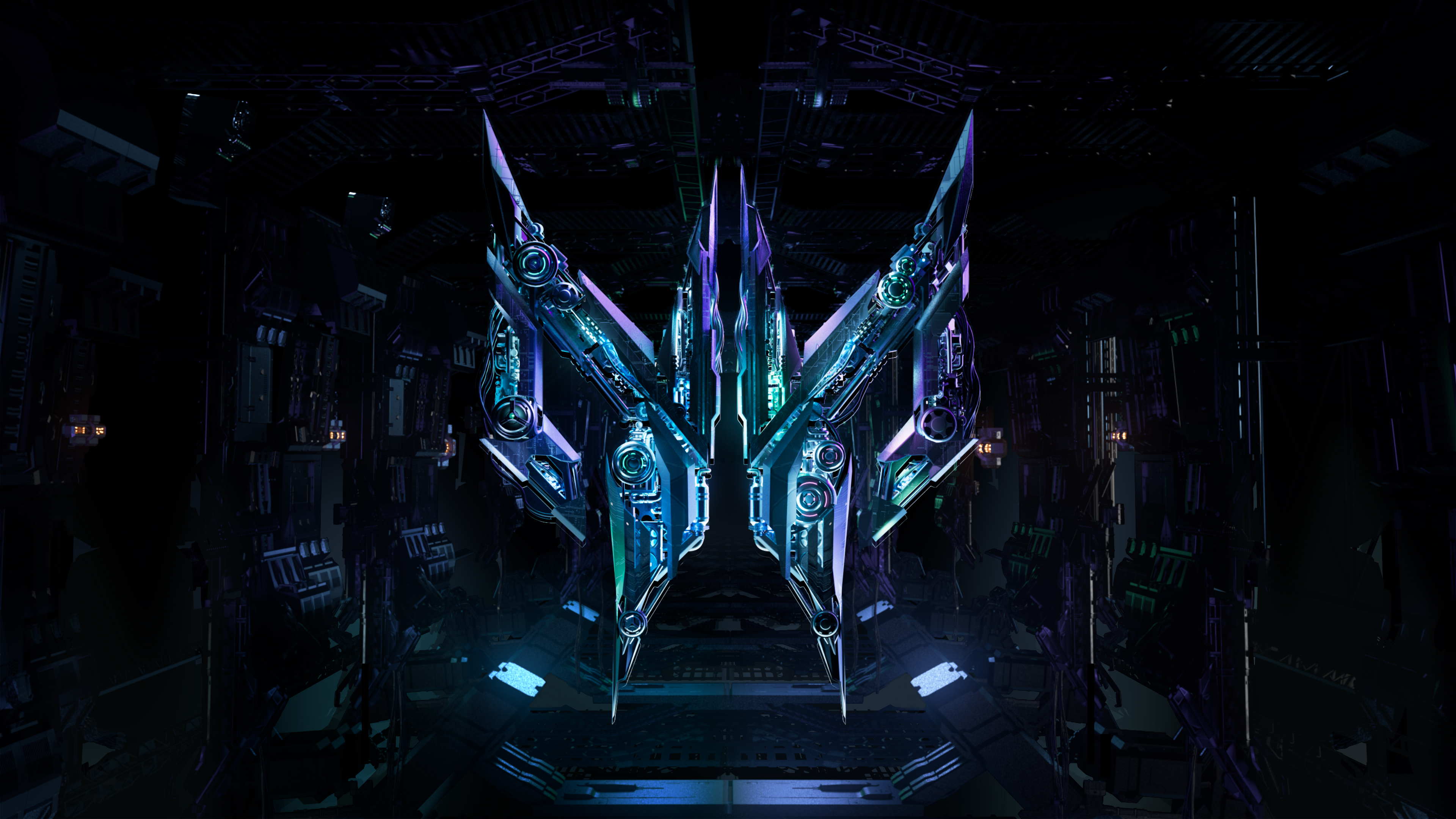 A dark science fiction landscape featuring a neon-lit Acer Predator logo and a massive spaceship in deep space.