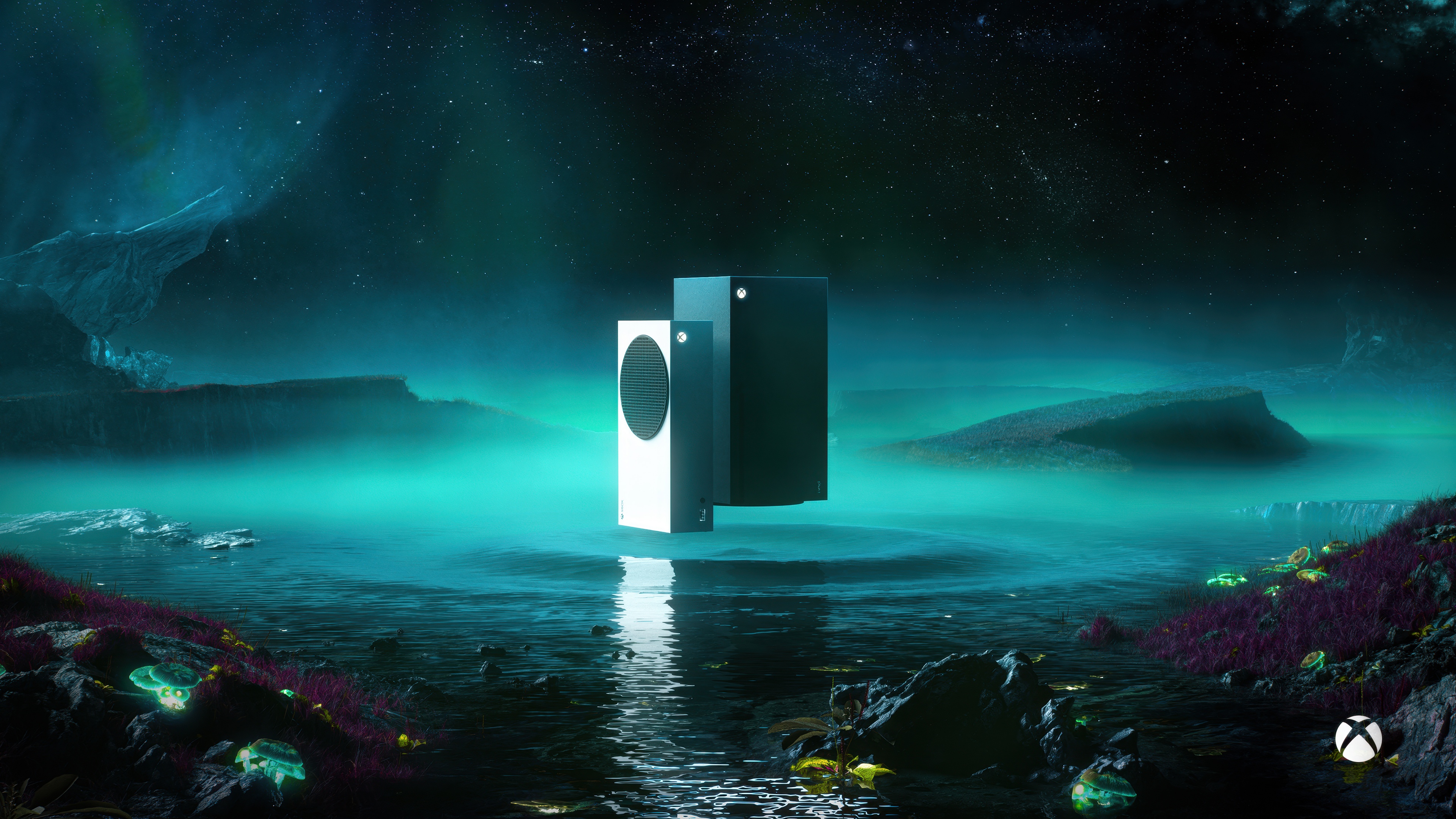 A dreamy, high-resolution depiction of the Xbox Series X and Xbox Series S consoles in a soft-focus atmosphere.