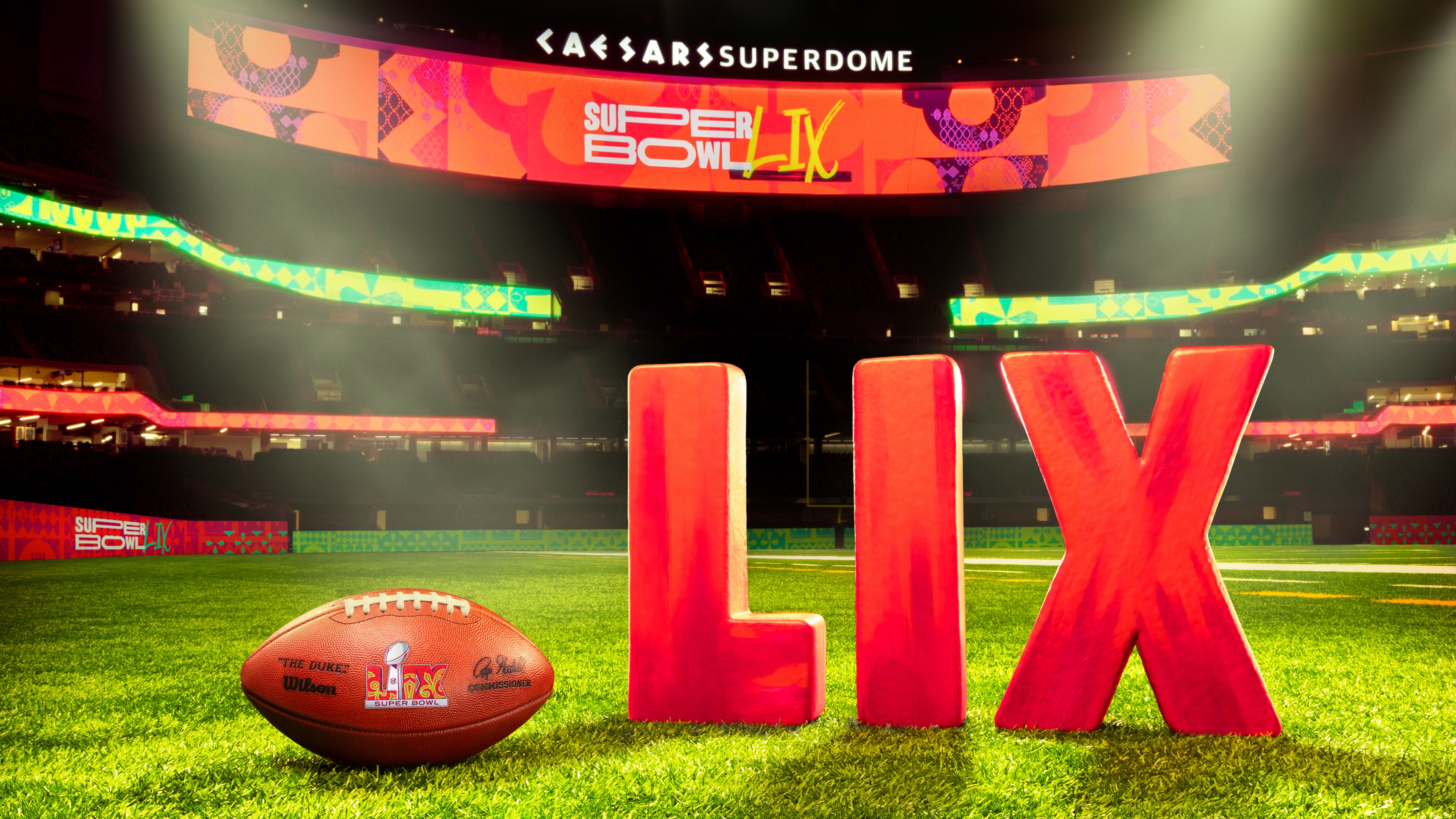 Cinematic close-up of American football players in action during a high-stakes Super Bowl game at a packed stadium.
