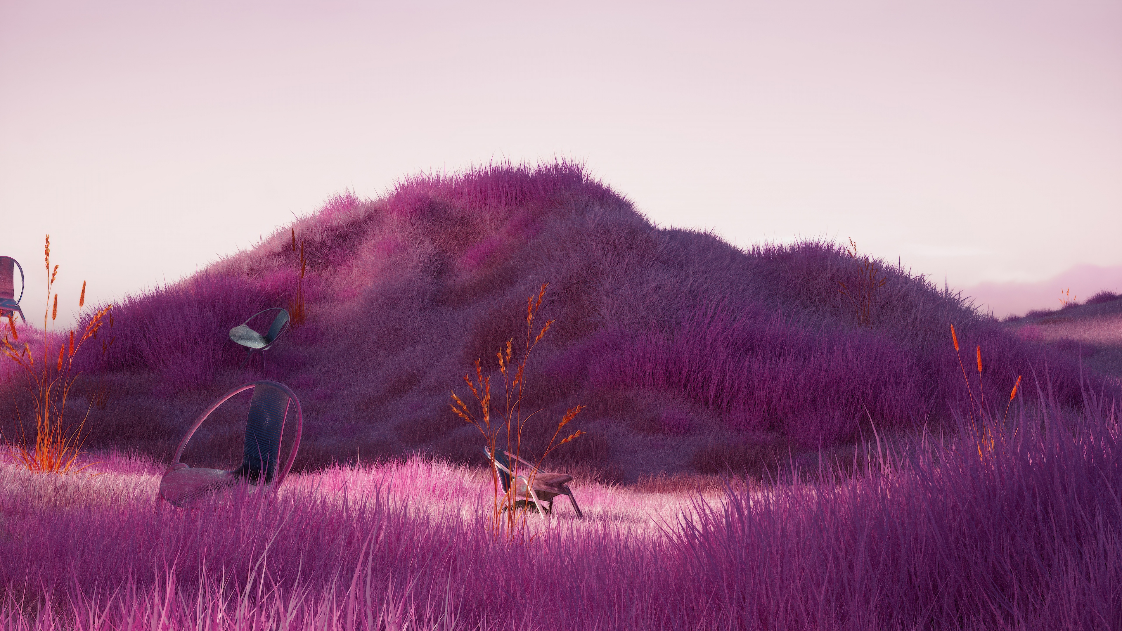 A surreal and dreamy landscape featuring lush pink grass and an ethereal, tranquil atmosphere.