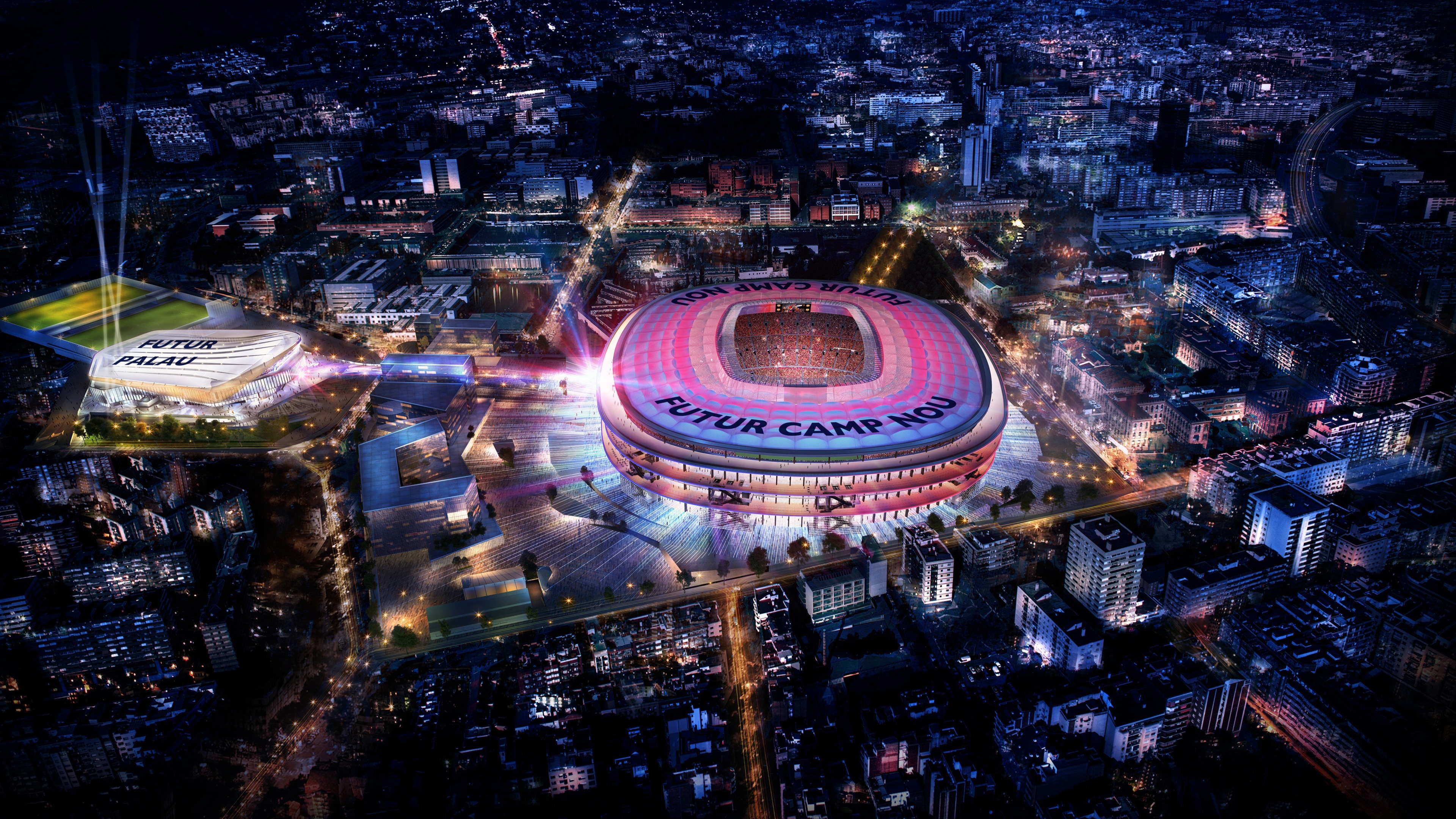 A high-tech, futuristic architectural view of the Camp Nou stadium in Barcelona, Spain, featuring advanced structural design and lighting.