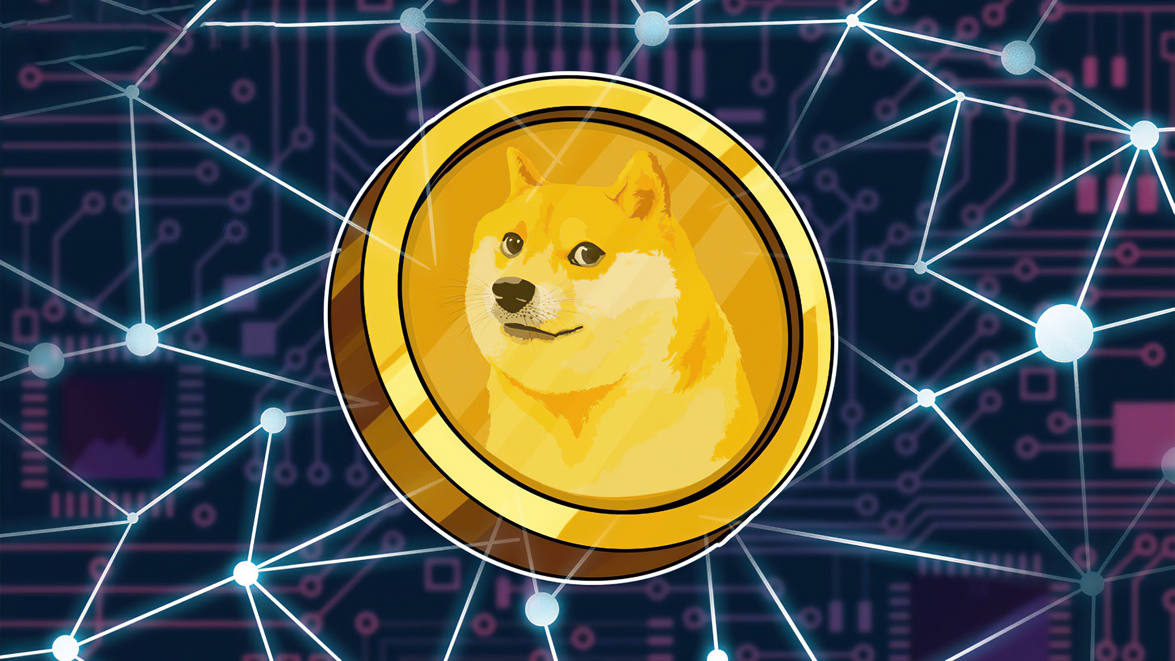 Golden Dogecoin coin with a network of connected digital dots on a dark background.